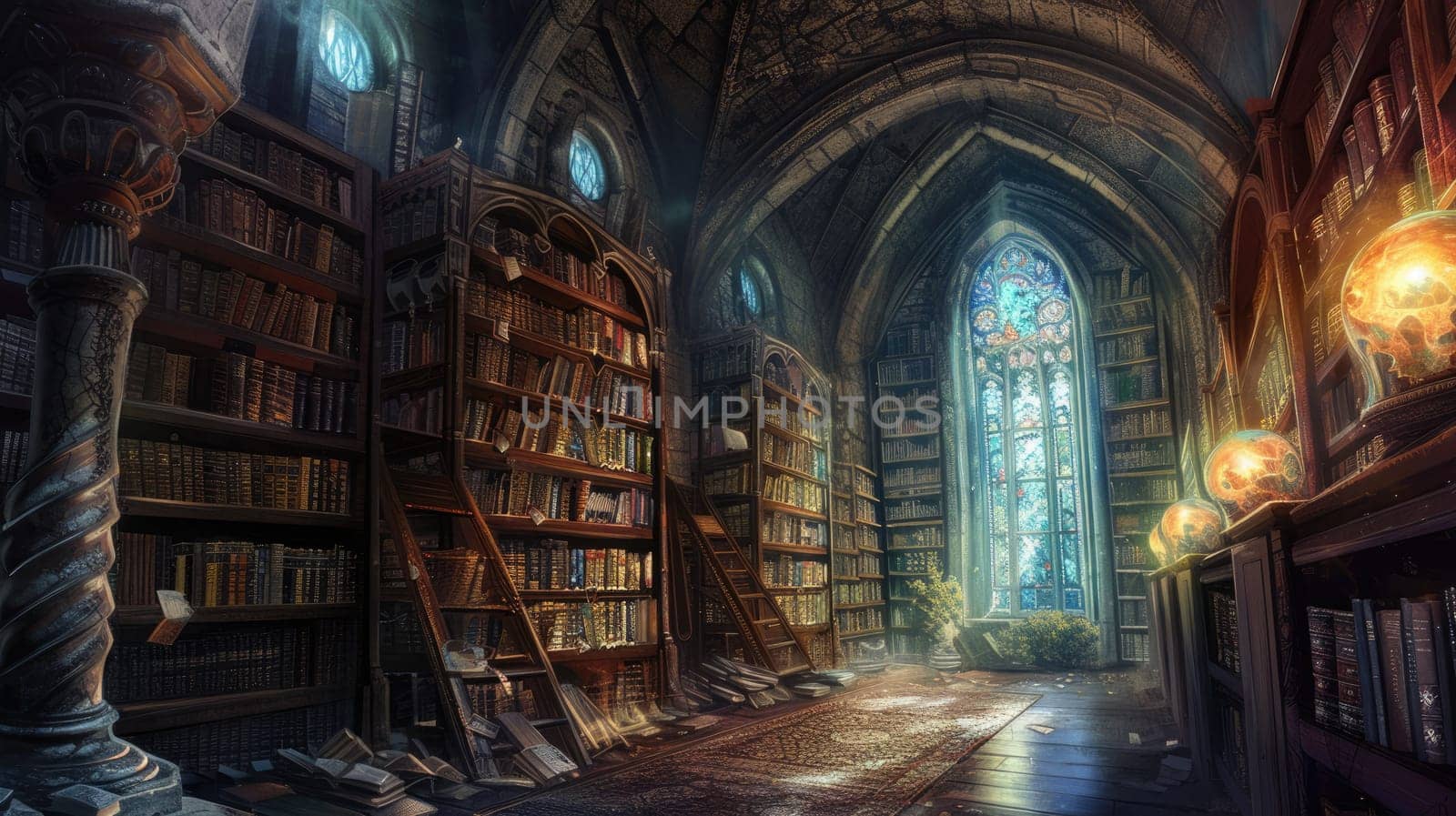 An ancient library filled with magical books, glowing orbs. Resplendent. by biancoblue