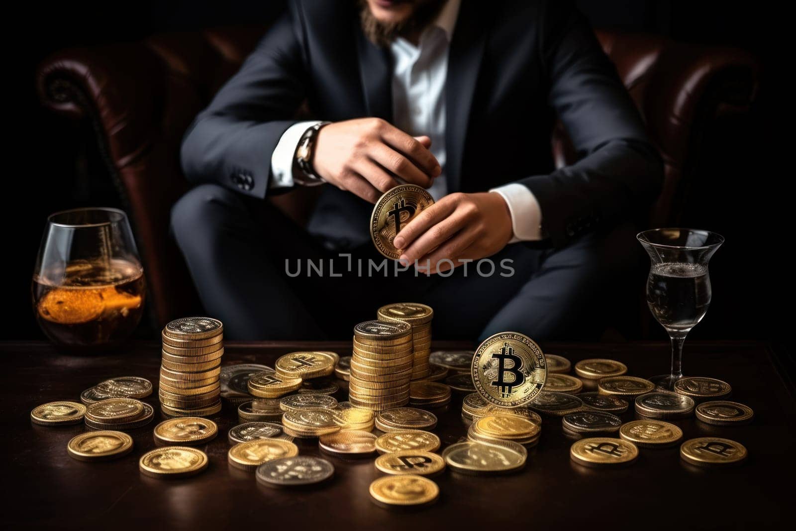 billionaire man get bitcoin coin for shopping. generative AI by matamnad