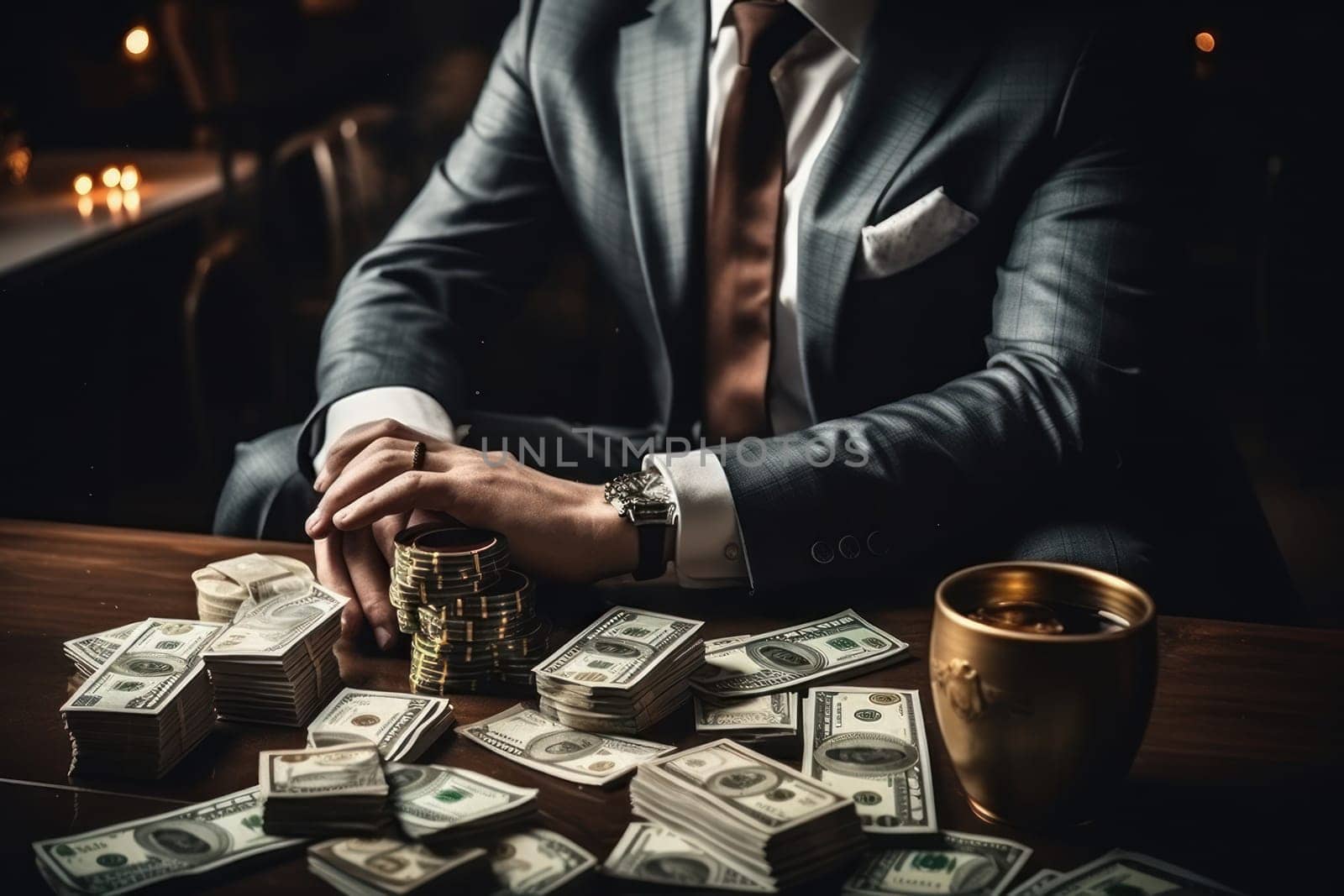 man billionaire dollar money on table . Illustration epic money moment. Generative AI. by matamnad