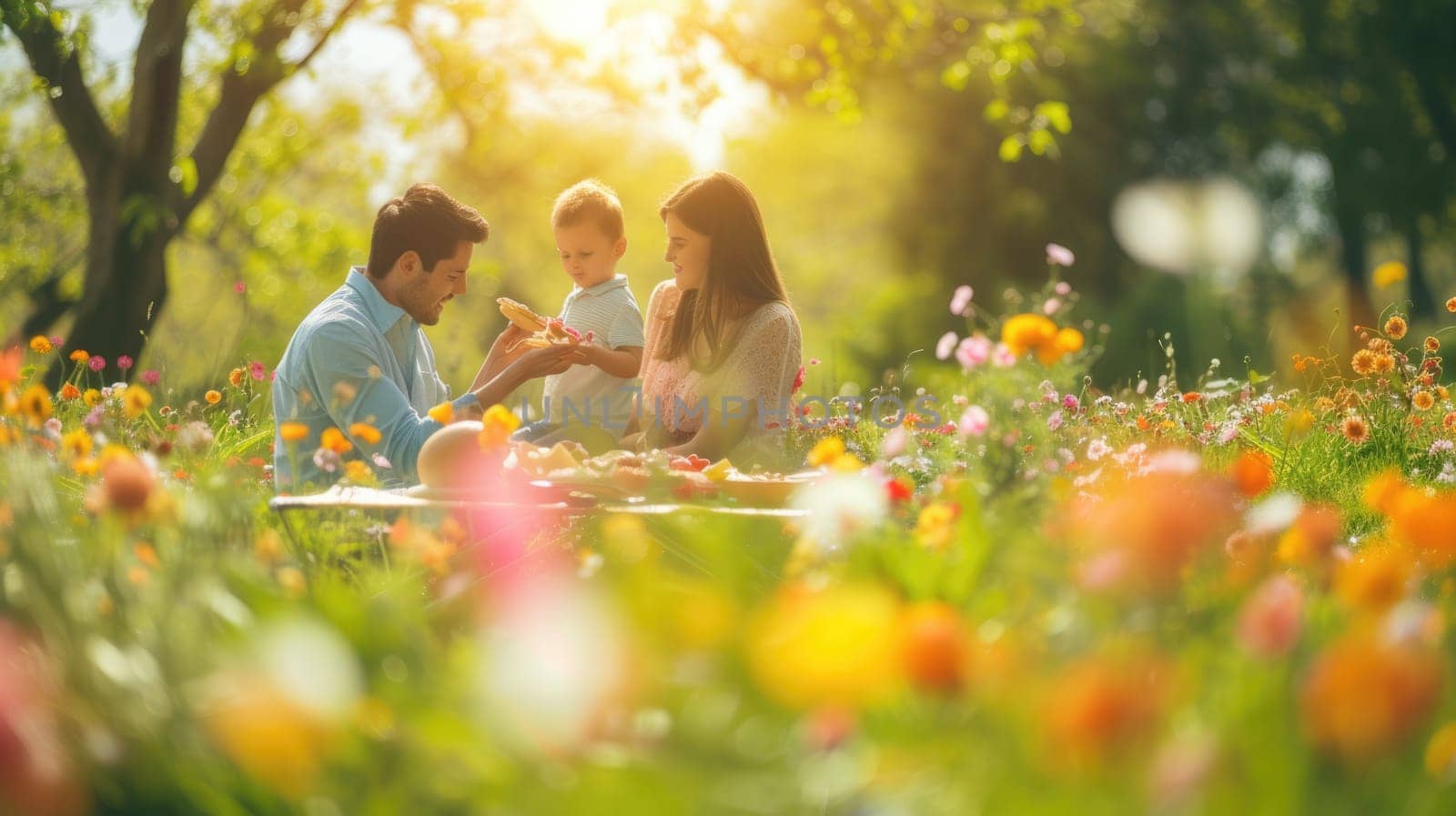 A happy family gathered in a natural landscape, enjoying a picnic amidst blooming flowers, lush grass, and under the warm sunlight. AIG41