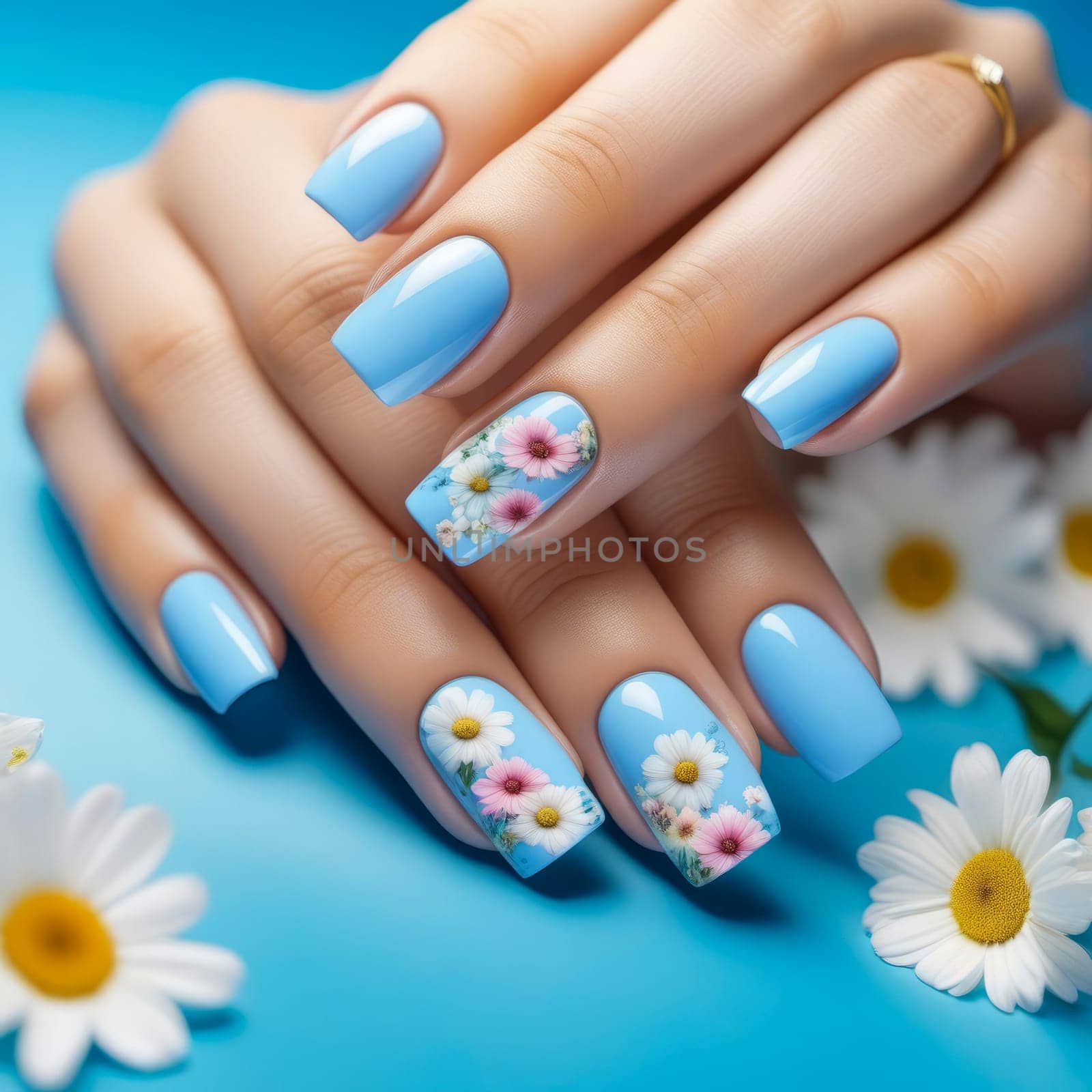 Nail design idea with square shape, pastel blue and pink tones, flowers against summer sky.