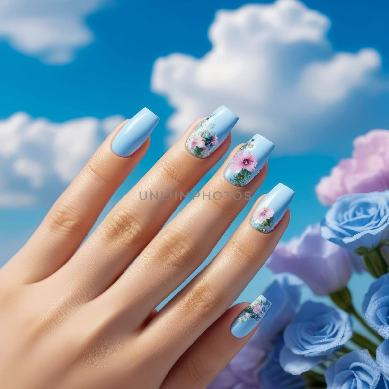Nail design idea with square shape, pastel blue and pink tones, flowers against summer sky.