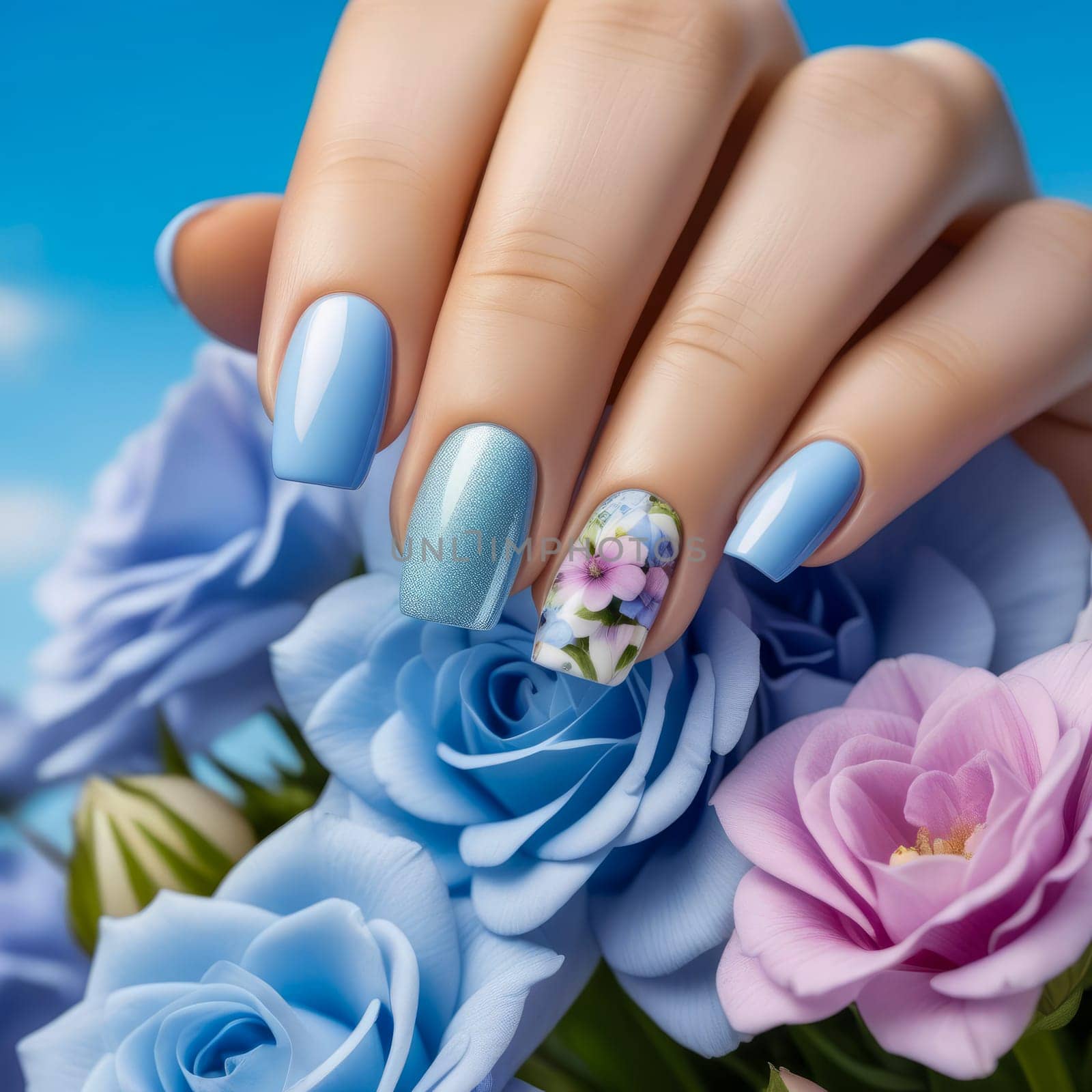 Nail design idea with square shape, pastel blue and pink tones, flowers against summer sky.