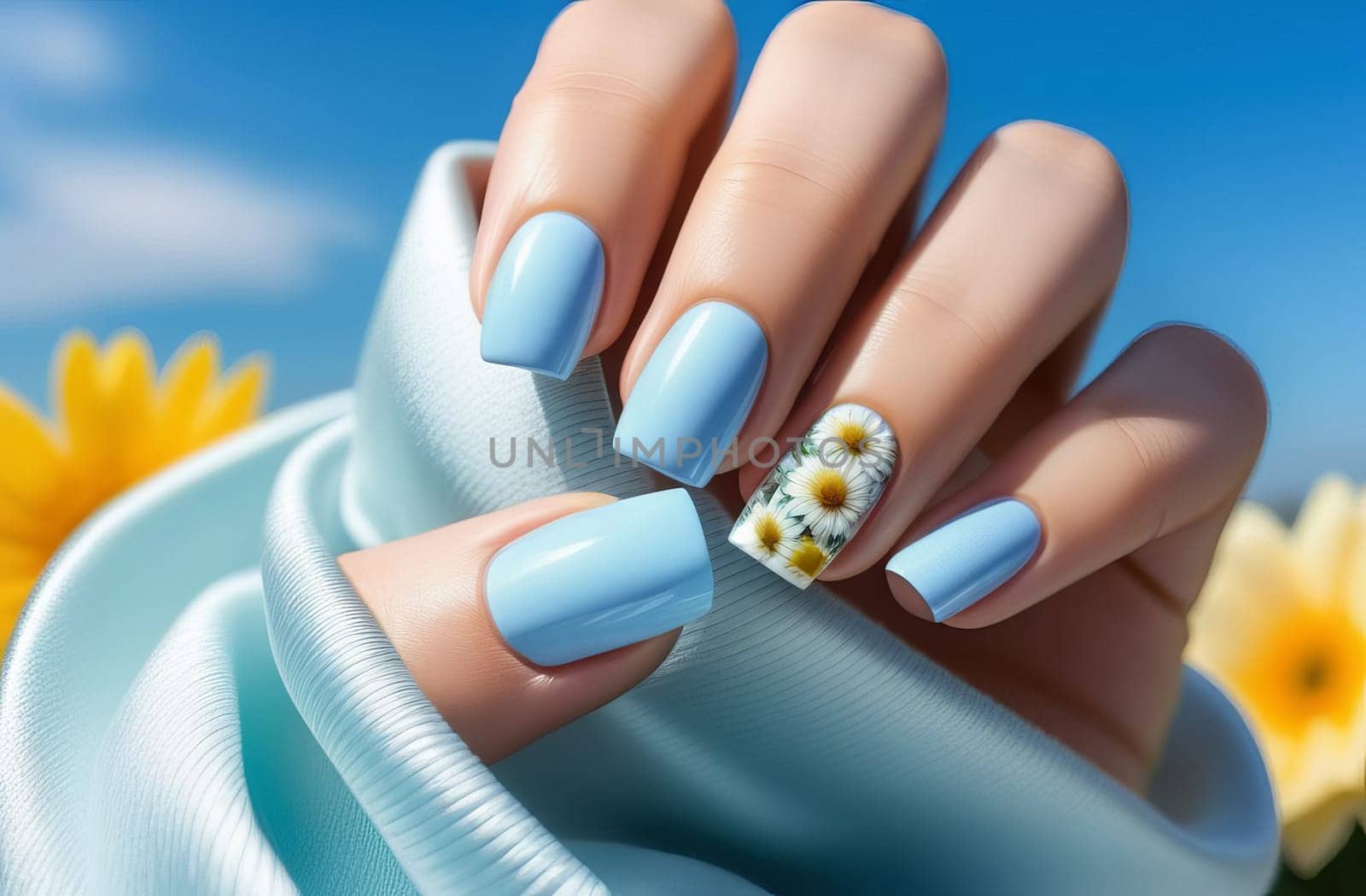 Nail design idea with square shape, pastel blue and pink tones, flowers against summer sky.