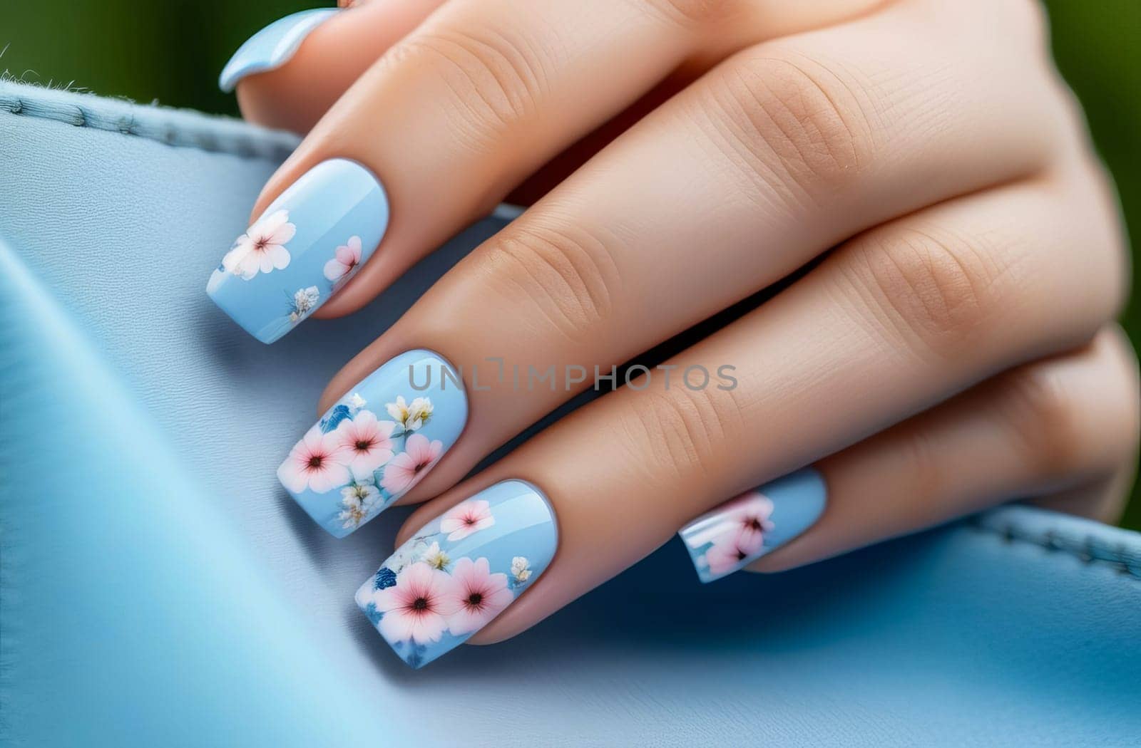 Nail design idea with square shape, pastel blue and pink tones, flowers against summer sky.