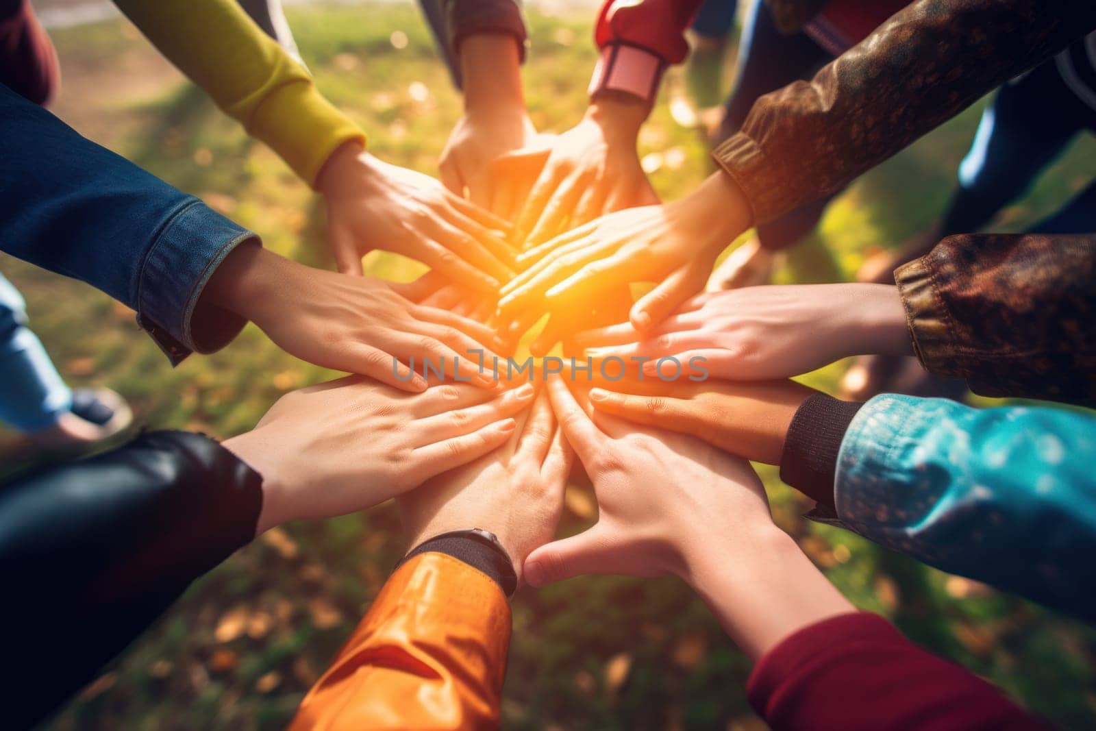 Diversity and Unity Group of Multicultural People Holding Hands in a Circle, generative ai by matamnad