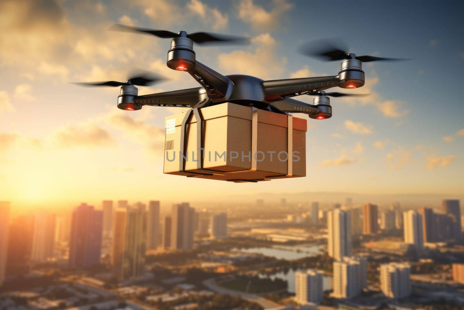 Future technology of autonomous logistics concept. Delivery drone flying background. Generative AI by matamnad