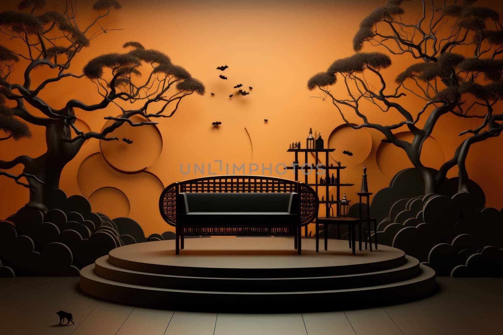 Halloween orange theme product display podium. Happy Halloween celebration concepts. Generative Ai by matamnad