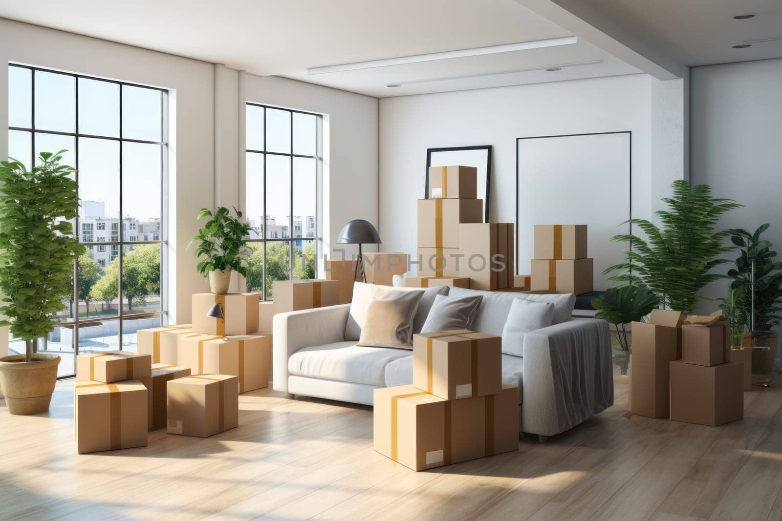 Move concept. Cardboard boxes and cleaning things for moving into a new home. Generative AI by matamnad