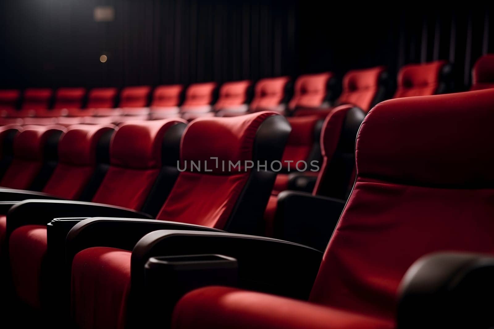 Empty red seats in cinema, domestic intimacy, zoom in, up close. Neural network generated in January 2024. Not based on any actual scene or pattern.