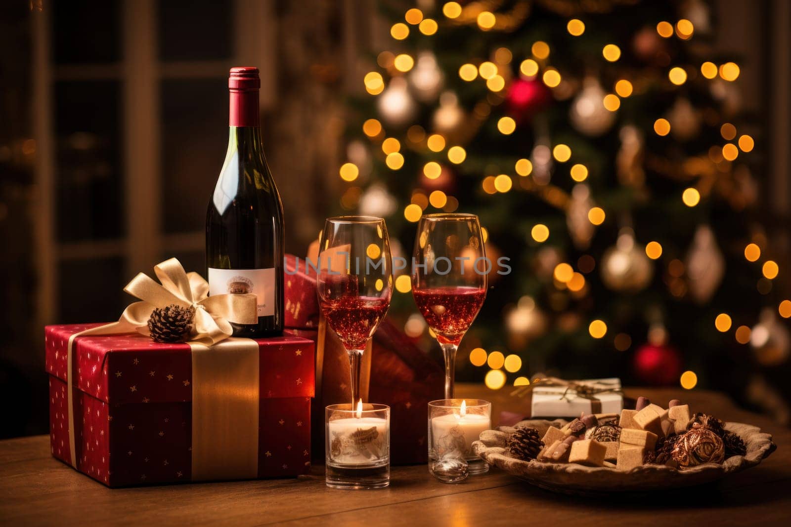 Christmas day, candlelight glass of wine - Generative AI by matamnad