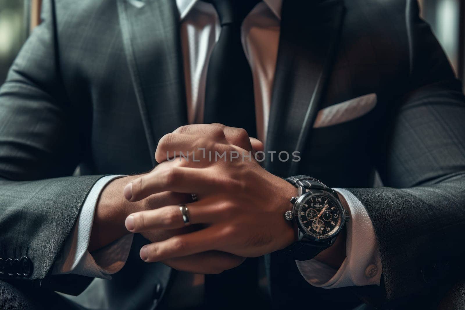 Businessman checking time from watch . generative AI.