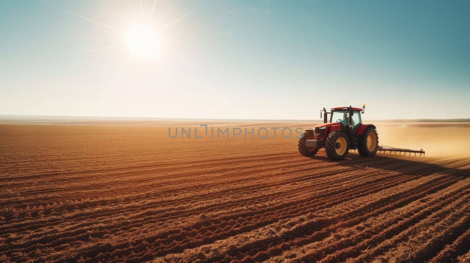 A modern tractor plows through an expansive agricultural field, preparing the soil for a new planting season under a clear sky. AIG41