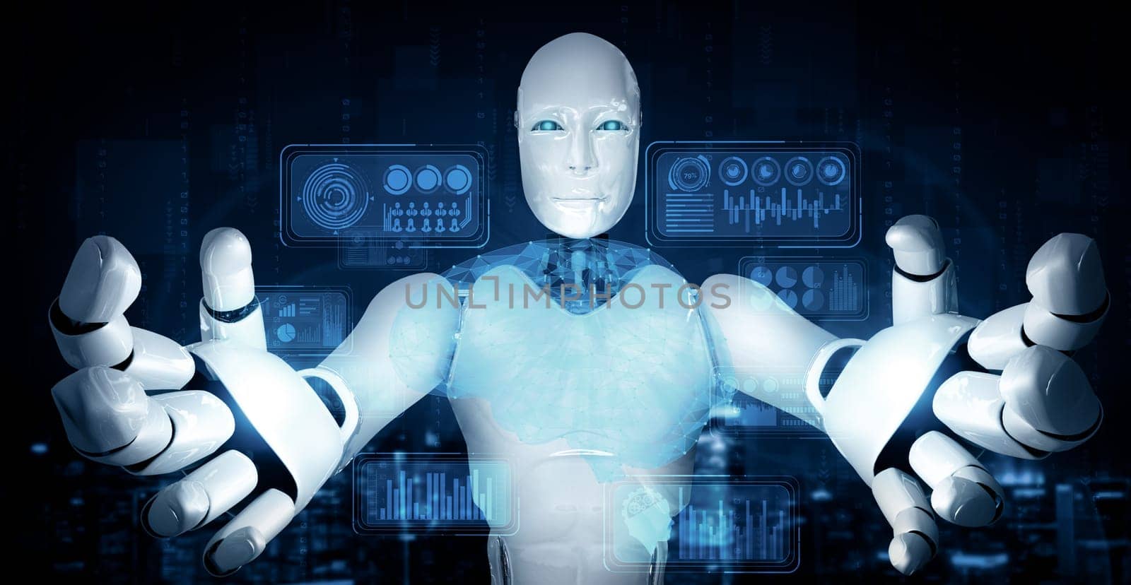 XAI 3d illustration AI humanoid robot holding virtual hologram screen showing concept of big data analytic using artificial intelligence thinking by machine learning process. 3D illustration.