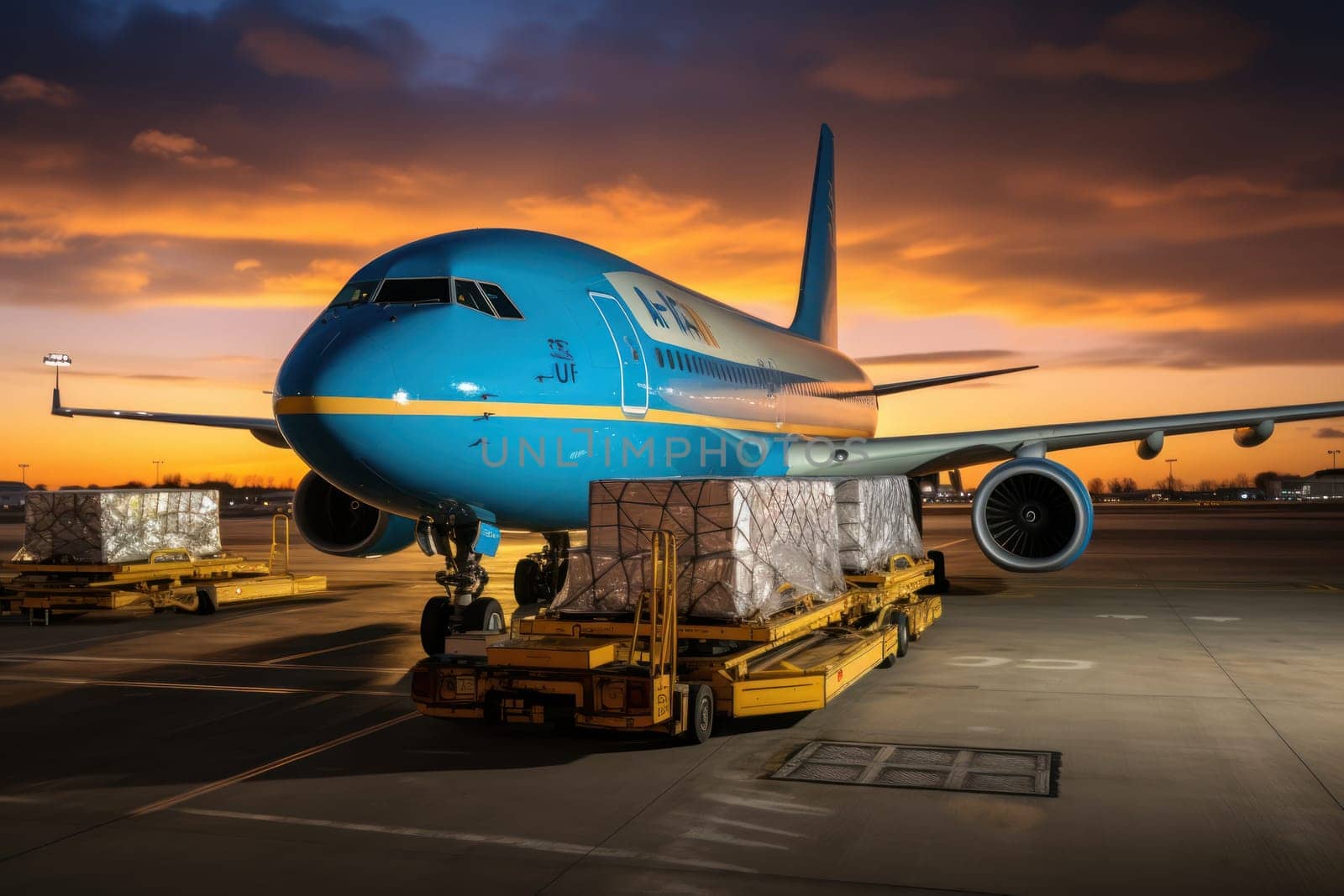 Commercial cargo air freight airplane loaded at airport in the evening, Generative AI by matamnad