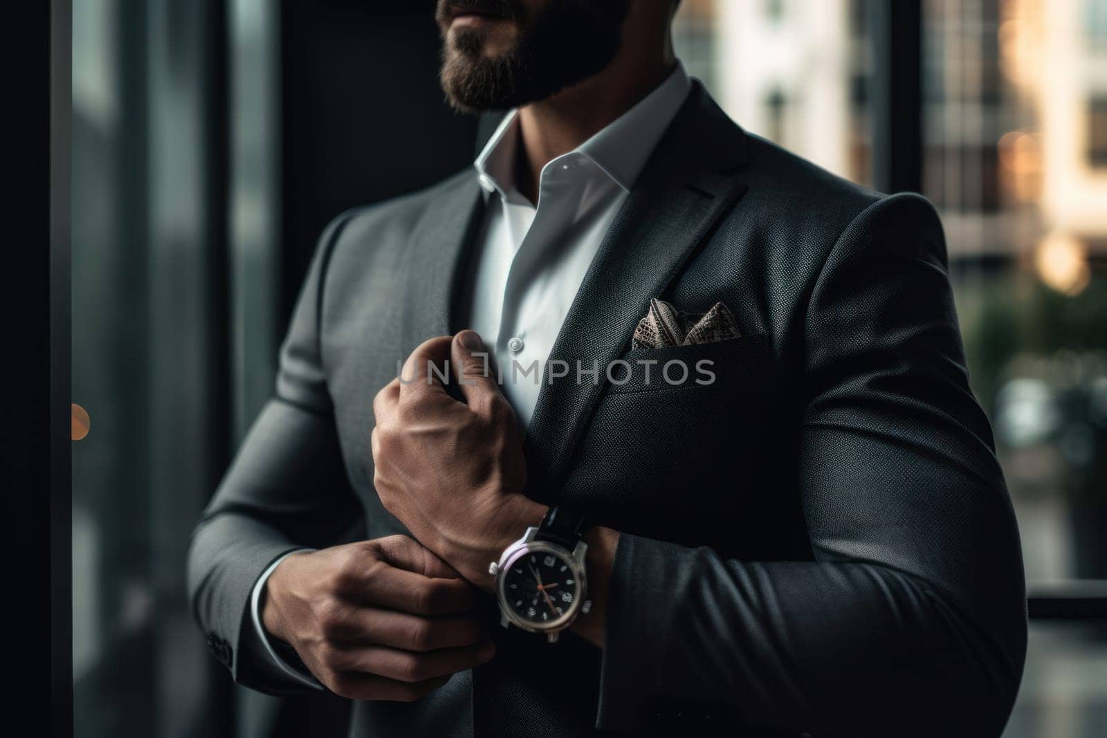 Businessman checking time from watch . generative AI by matamnad