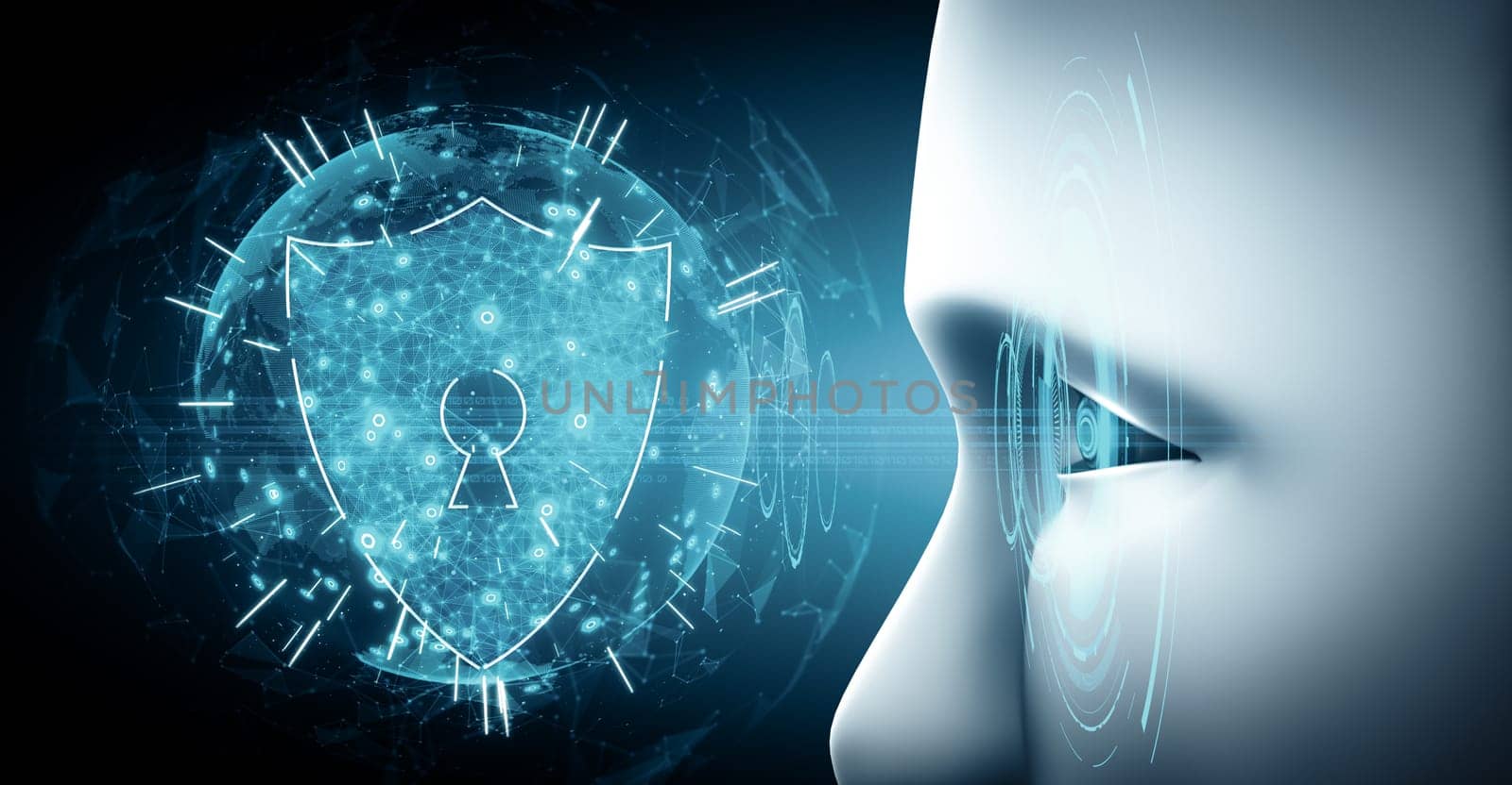 XAI 3d illustration AI robot using cyber security to protect information privacy. Futuristic concept of cybercrime prevention by artificial intelligence and machine learning process. 3D rendering illustration.