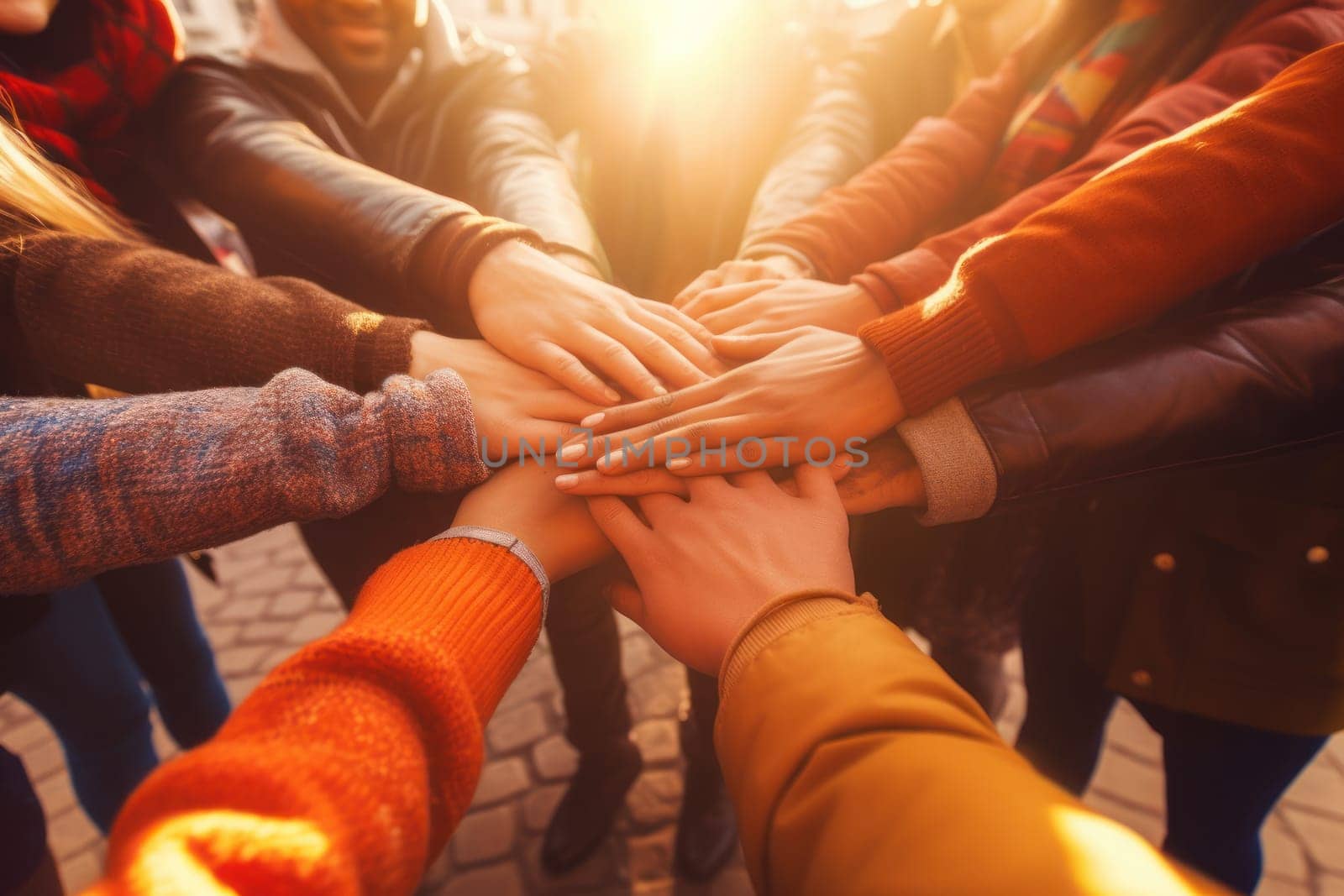 Diversity and Unity Group of Multicultural People Holding Hands in a Circle, generative ai by matamnad
