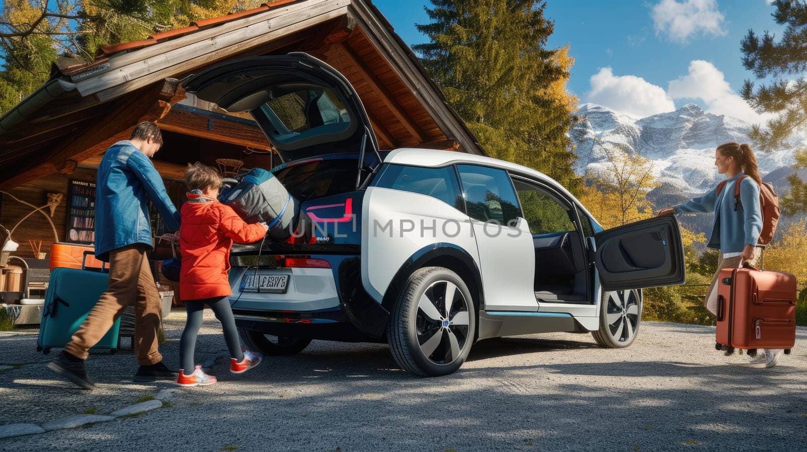 A family is loading luggage into the rear of their vehicle for a leisurely travel, surrounded by trees and plants. AIG41