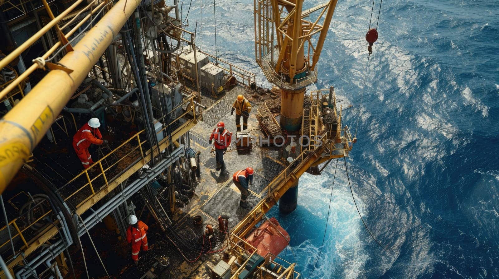 The naval architecture of an oil rig floating in the vast ocean, surrounded by water and sky, showcases engineering marvel amidst fluid and liquid environment. AIG41