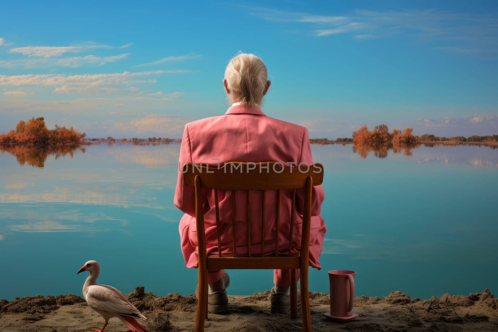 a man sitting on a chair in front of a body of water. Generative AI.