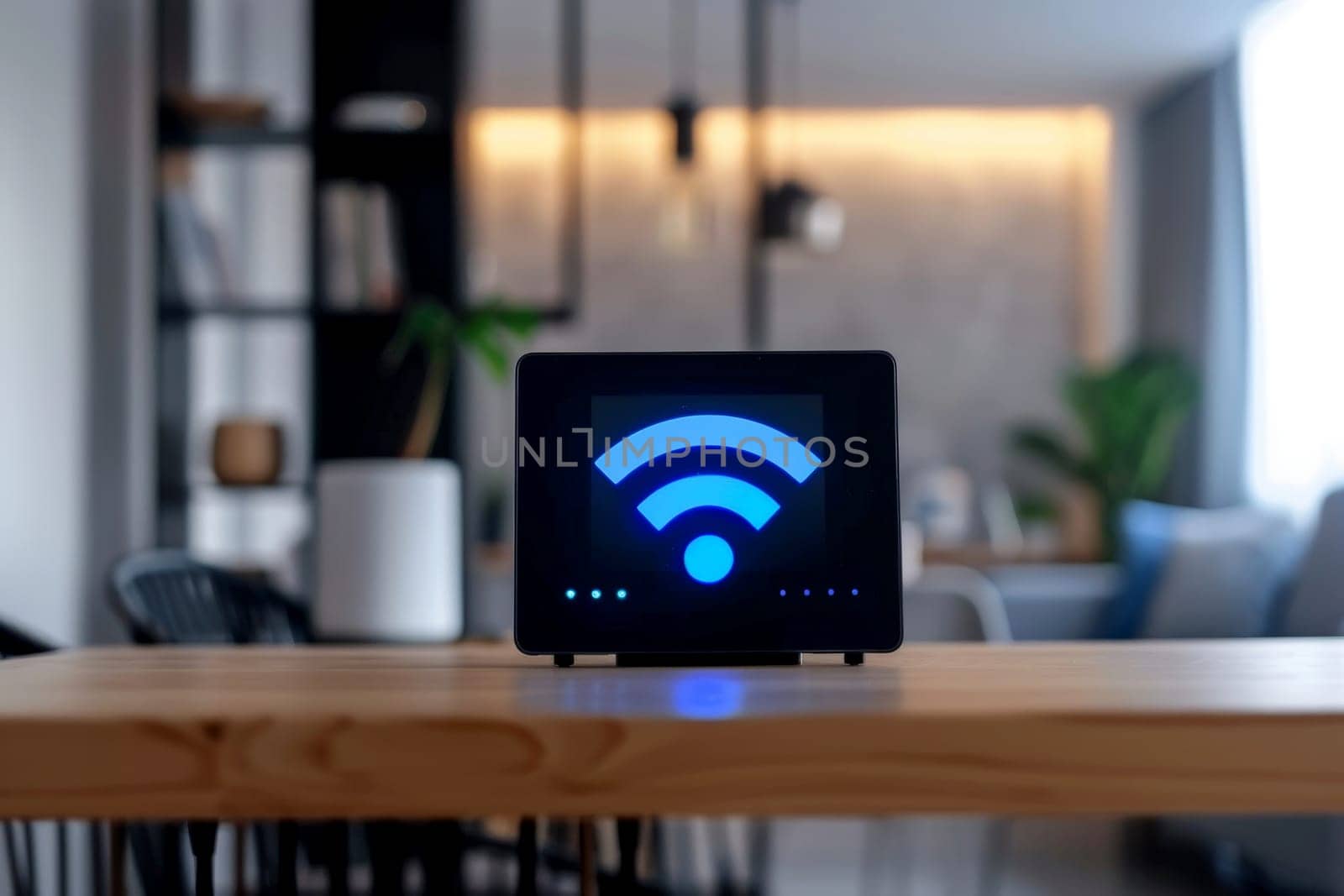 a wifi extender iot , blue wifi symbol, connected smart home.ai generative.