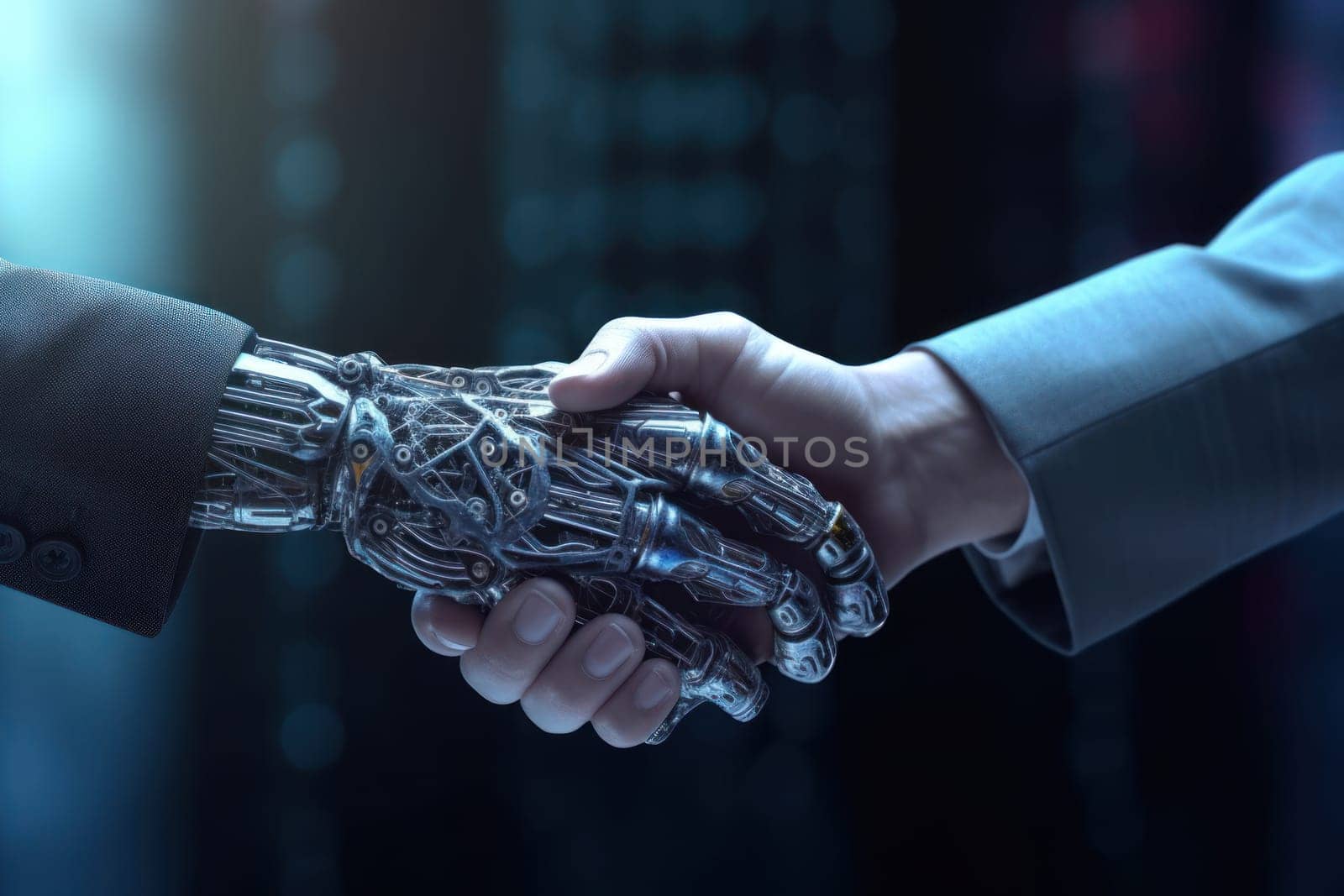 Robot and businessman hands in handshake. Generative AI.