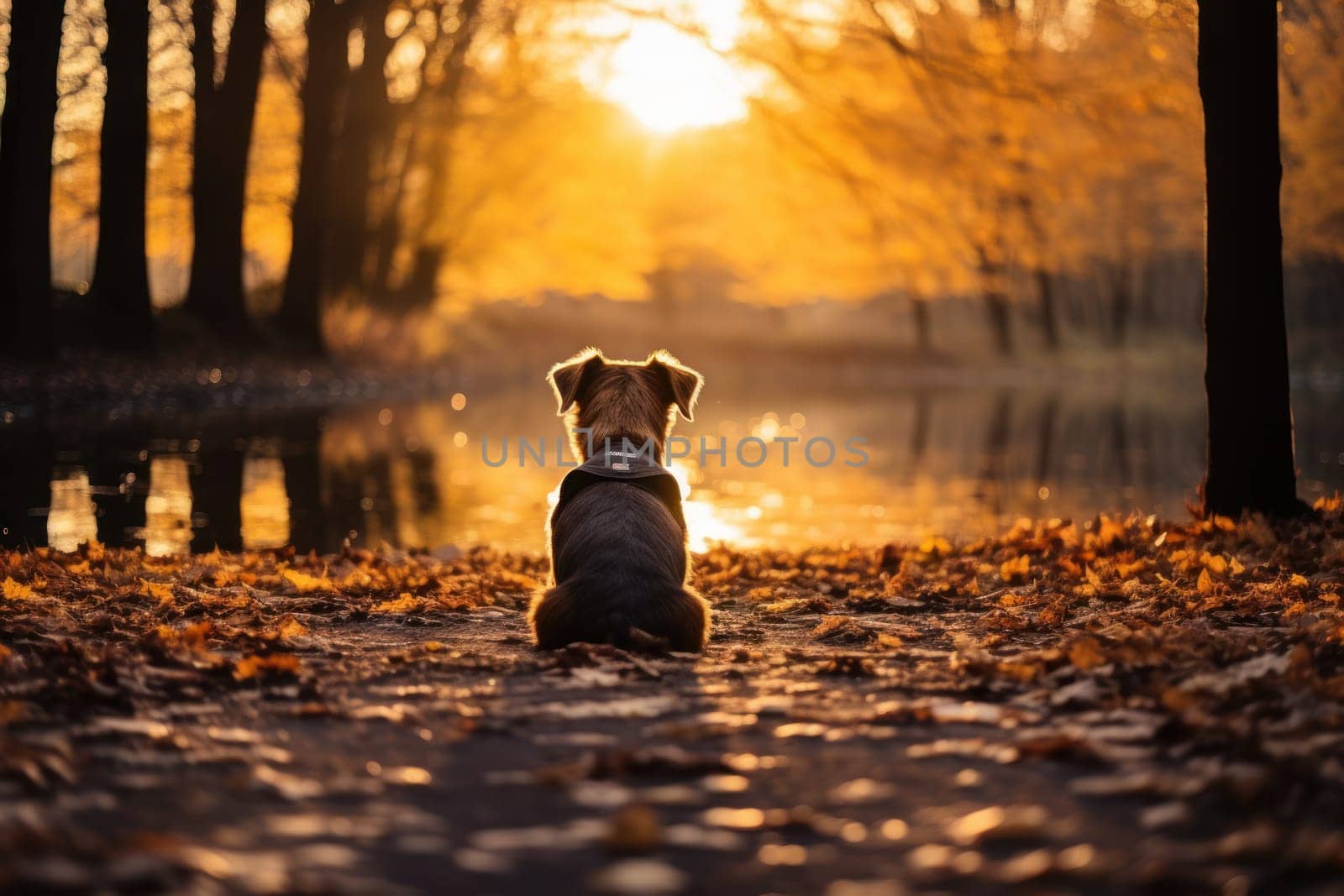 showcasing a serene scene of apet sitting by a tranquil lake, with a backdrop of vibrant autumn foliage. Generative AI. by matamnad