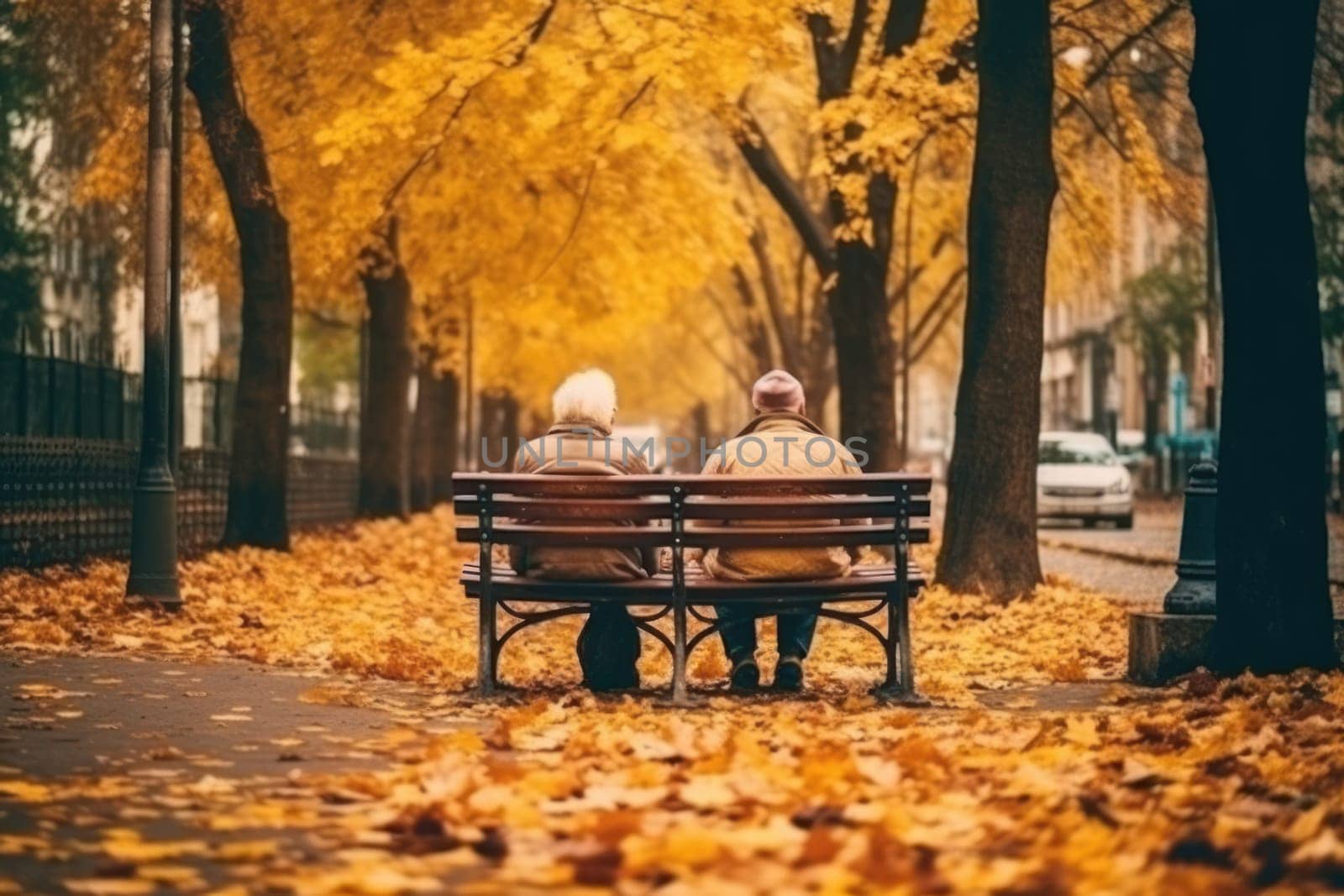 senior couple sitting on a bench in an autumn park, Generative AI by matamnad