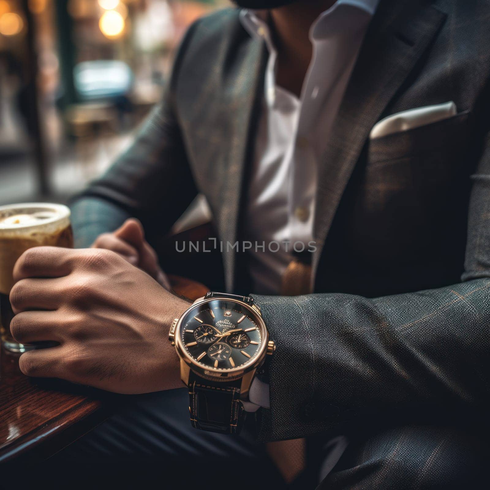 Businessman checking time from watch . generative AI.