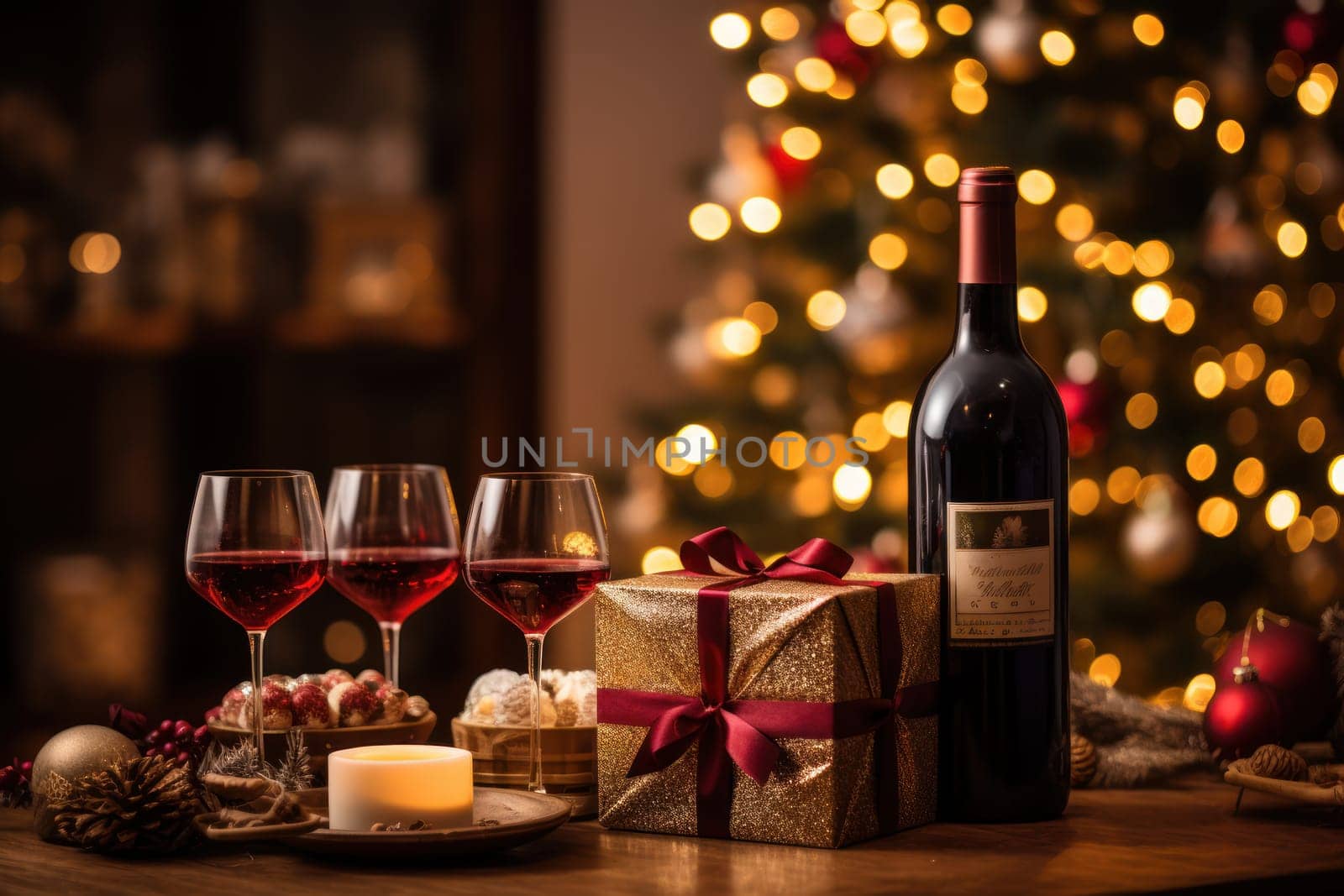 Christmas day, candlelight glass of wine - Generative AI by matamnad