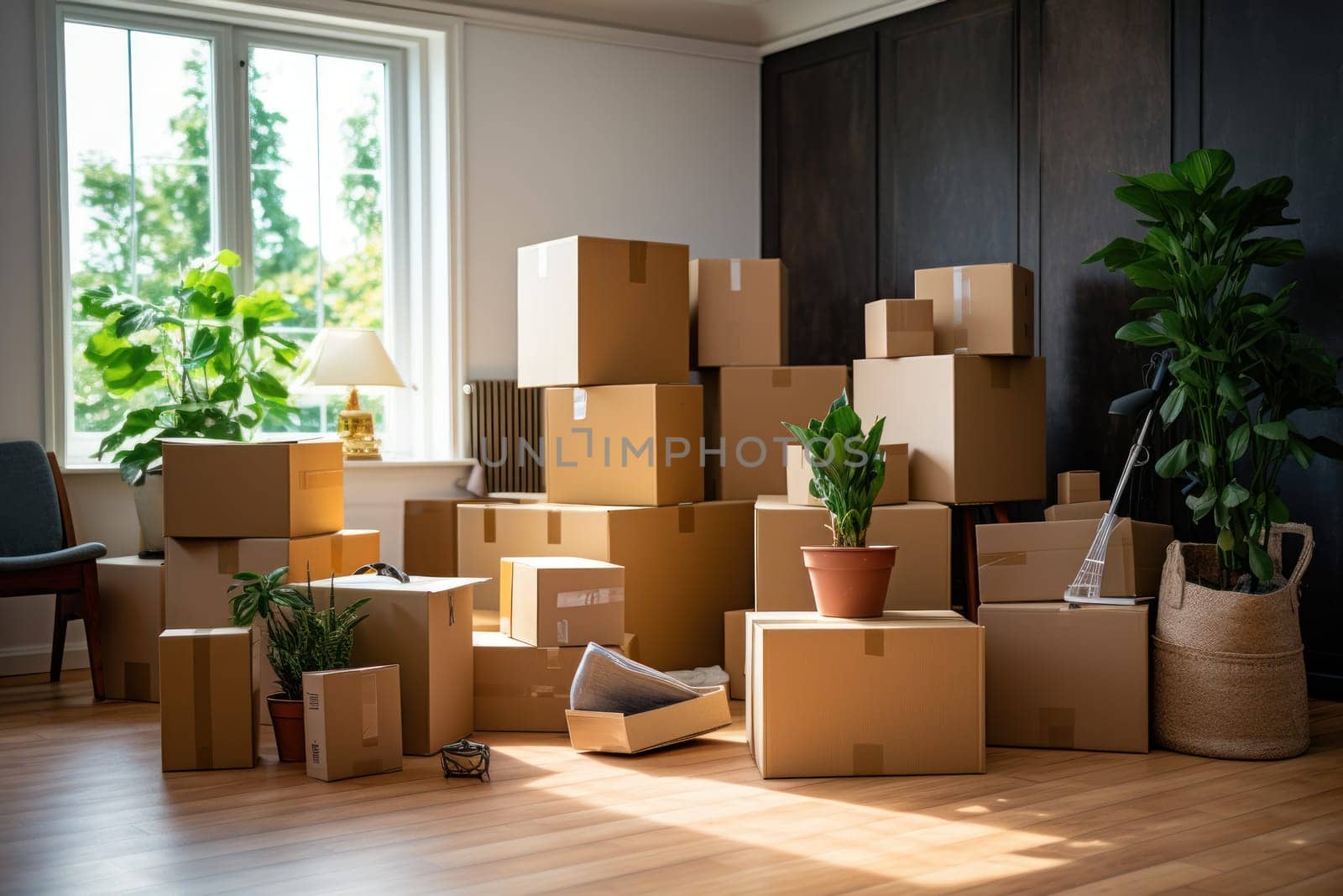 Move concept. Cardboard boxes and cleaning things for moving into a new home. Generative AI by matamnad
