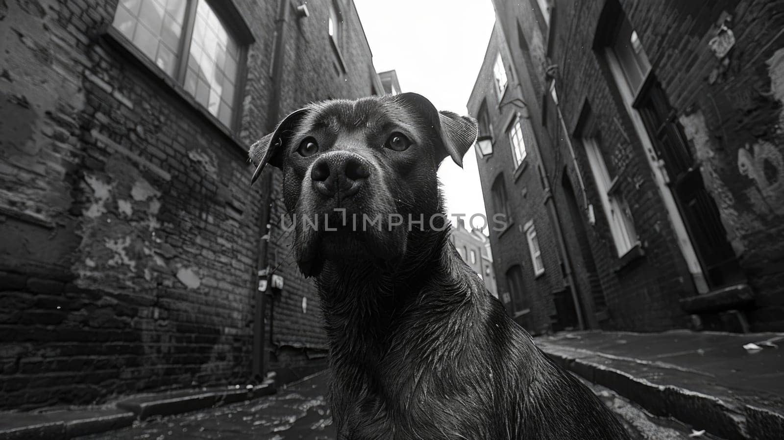 Black and White Photo of a Dog in an Alleyway. Generative AI. by but_photo