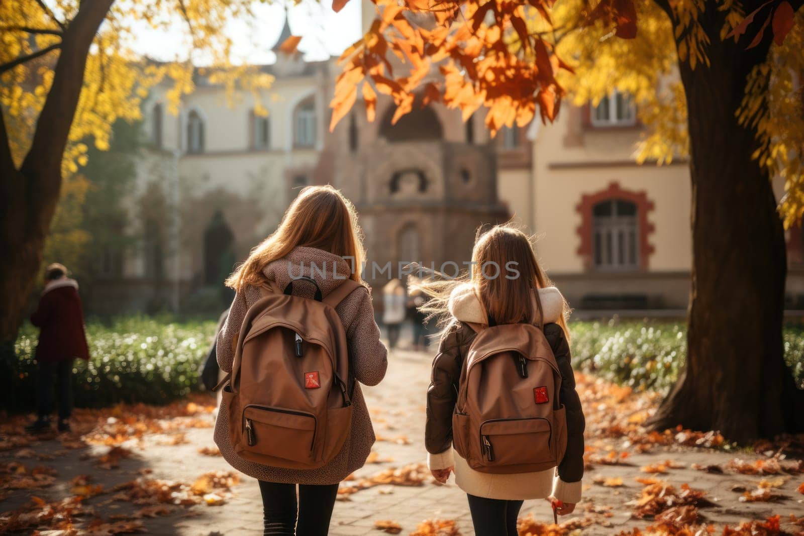 Back to school. backpack going to school together . Created using AI.