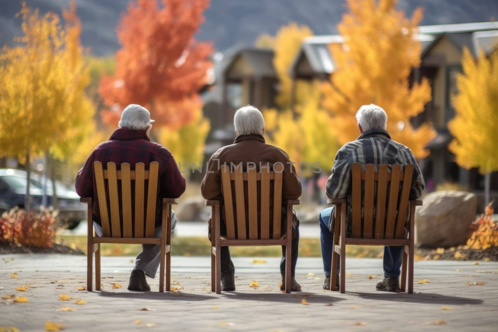 senior couple sitting on a bench in an autumn park, Generative AI by matamnad