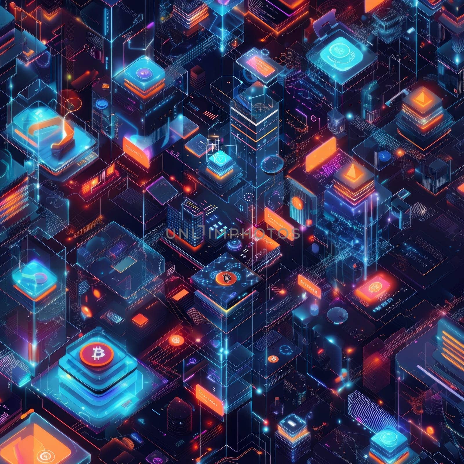 Abstract Cryptocurrency Technology Blue and Orange Background. Data Science and Global Connection Futuristic Wallpaper. Ai generated