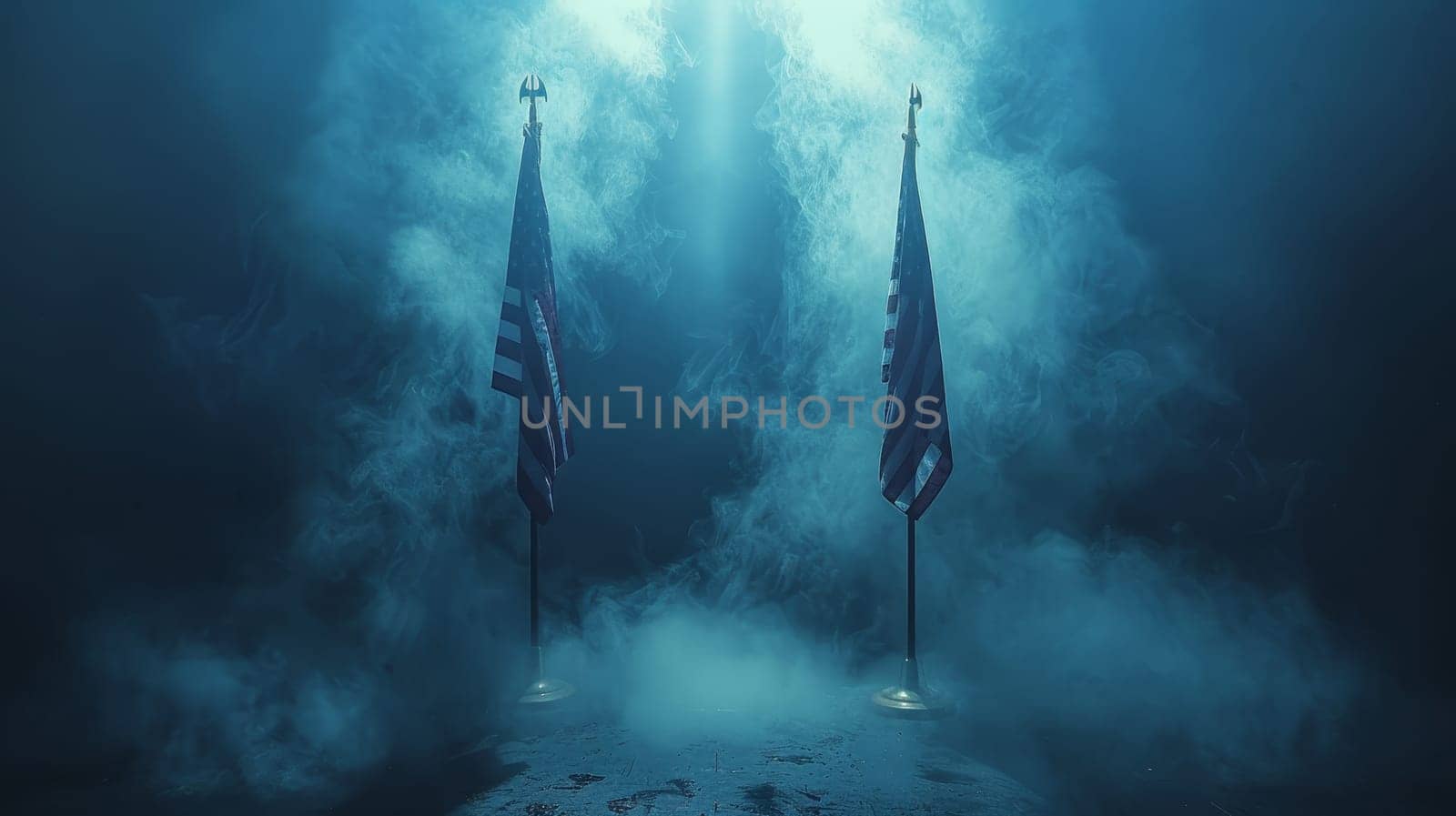 Veterans Day background, American flags against a blue fog background, November 11, Memorial Day, 4th of July, Labour Day, Independence Day.