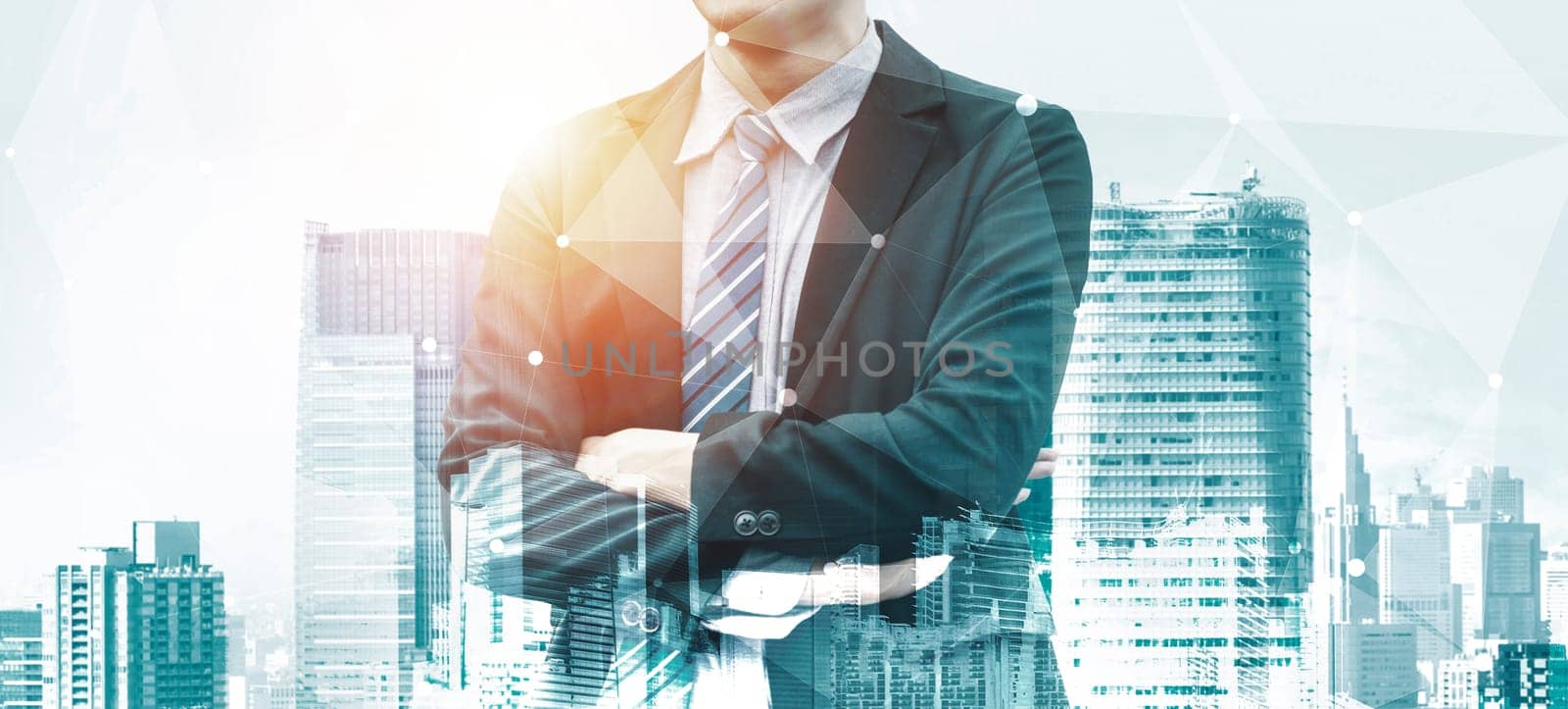 Double Exposure Image of Business Person on modern city background. Future business and communication technology concept. Surreal futuristic cityscape and abstract multiple exposure interface. uds