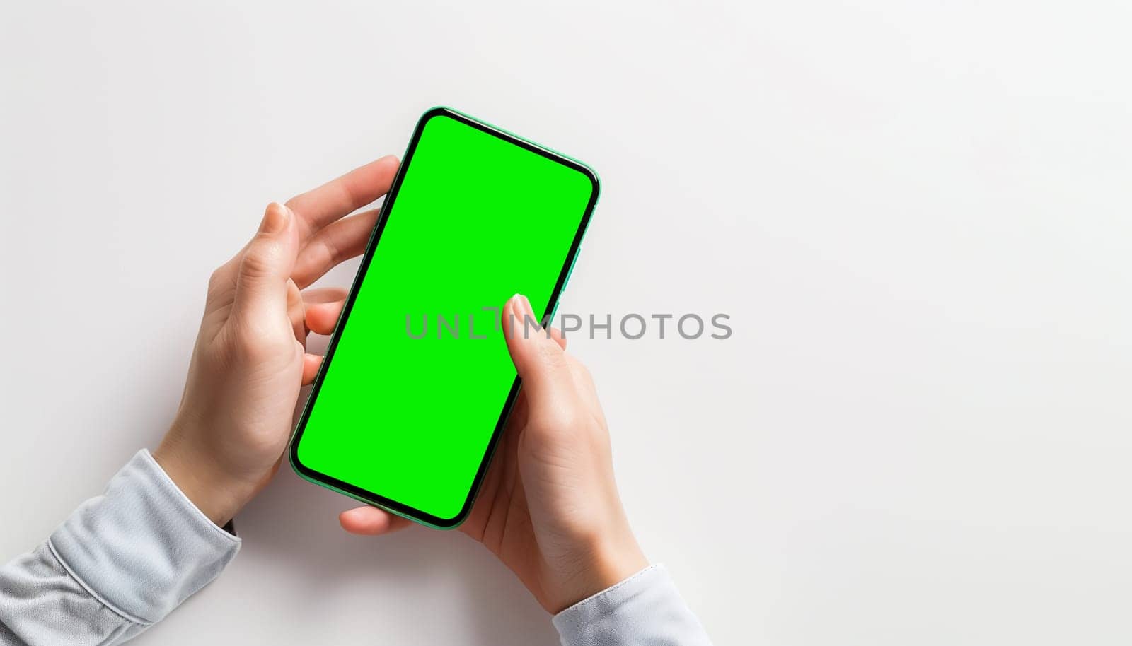 Hand holding smartphone green screen isolated on white background