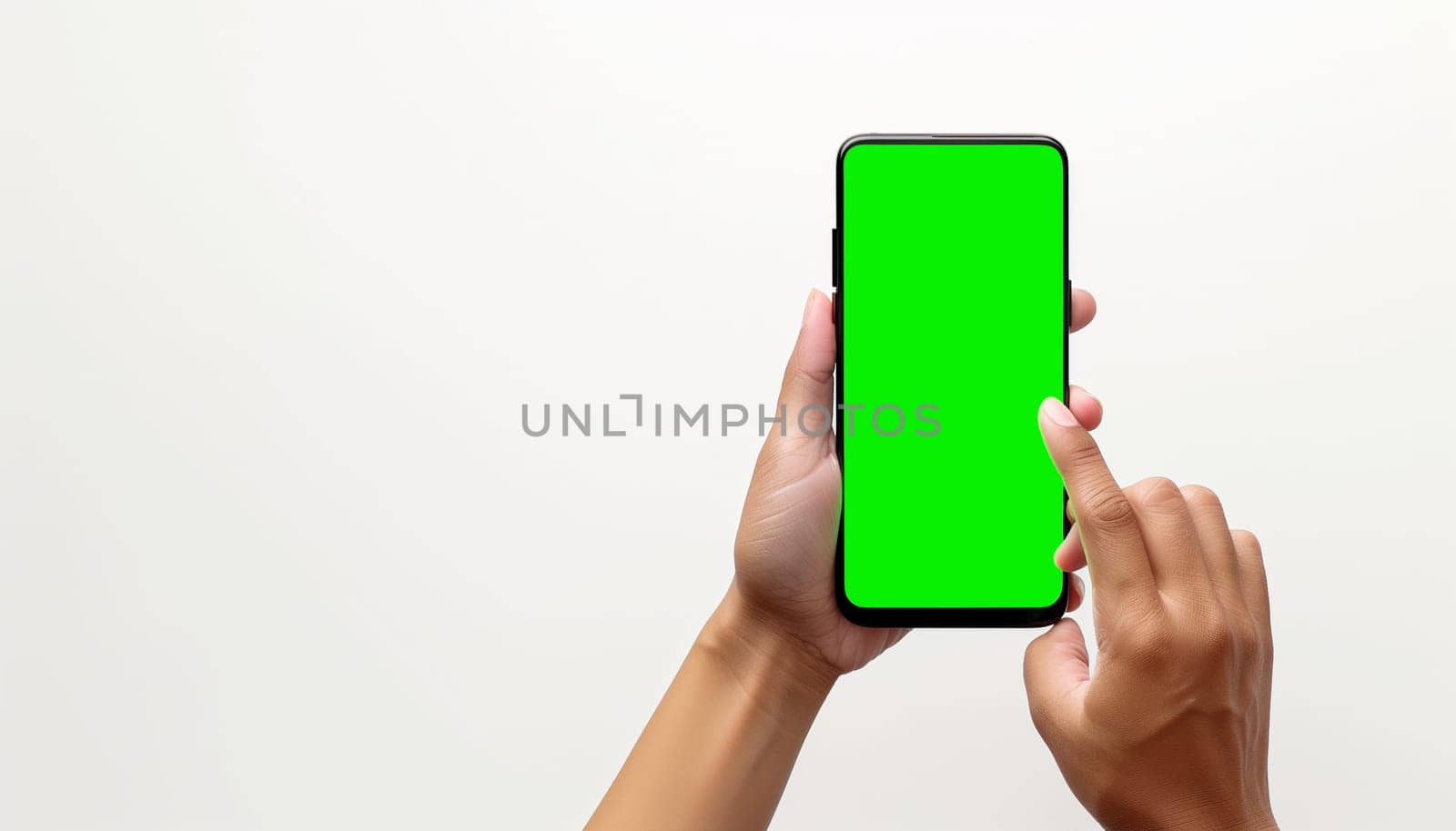 Hand holding smartphone green screen isolated on white background