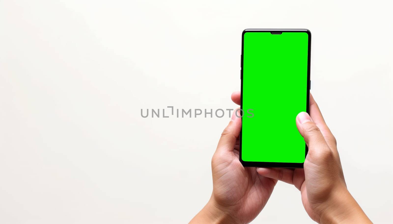 Hand holding smartphone green screen isolated on white background. by sarymsakov