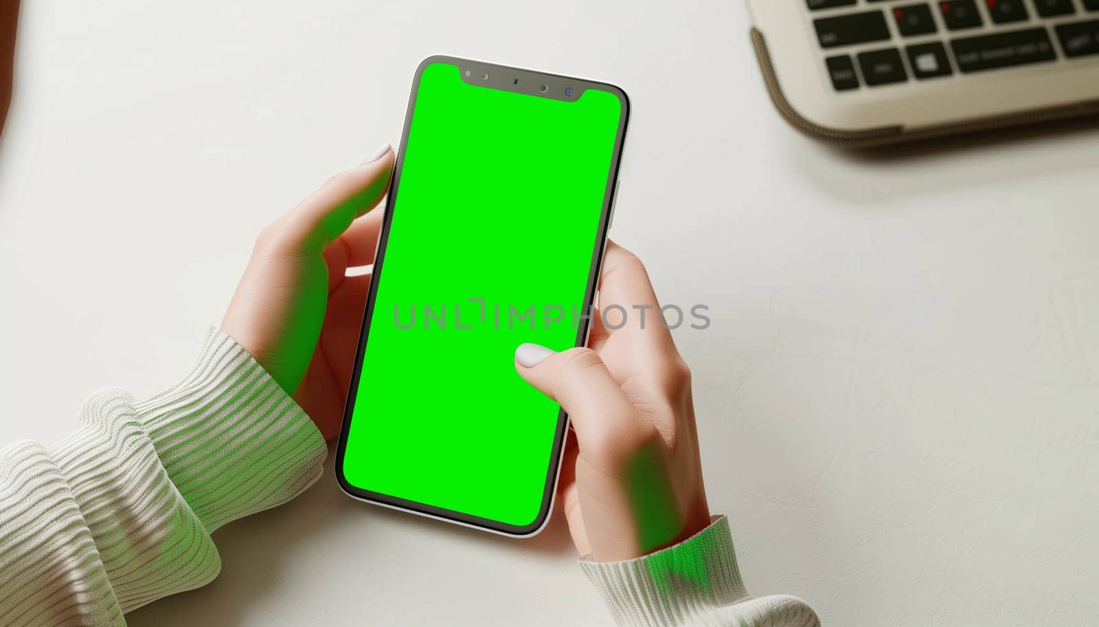 Mockup image of a business people holding smart mobile phone with blank green screen.