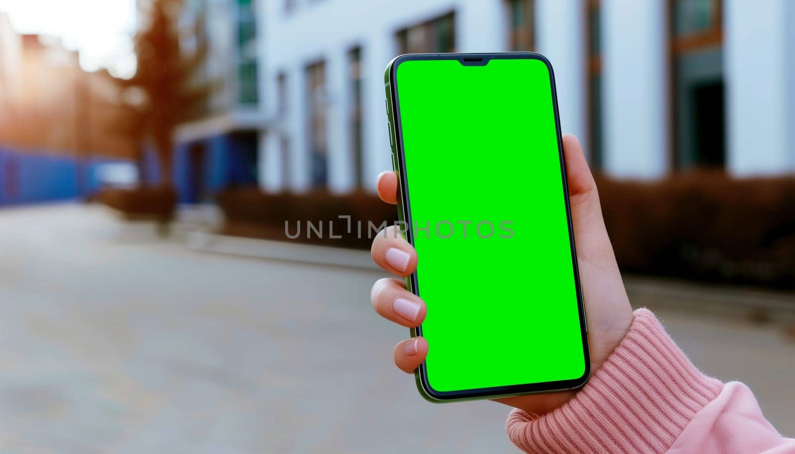 Mockup image of a business people holding smart mobile phone with blank green screen.