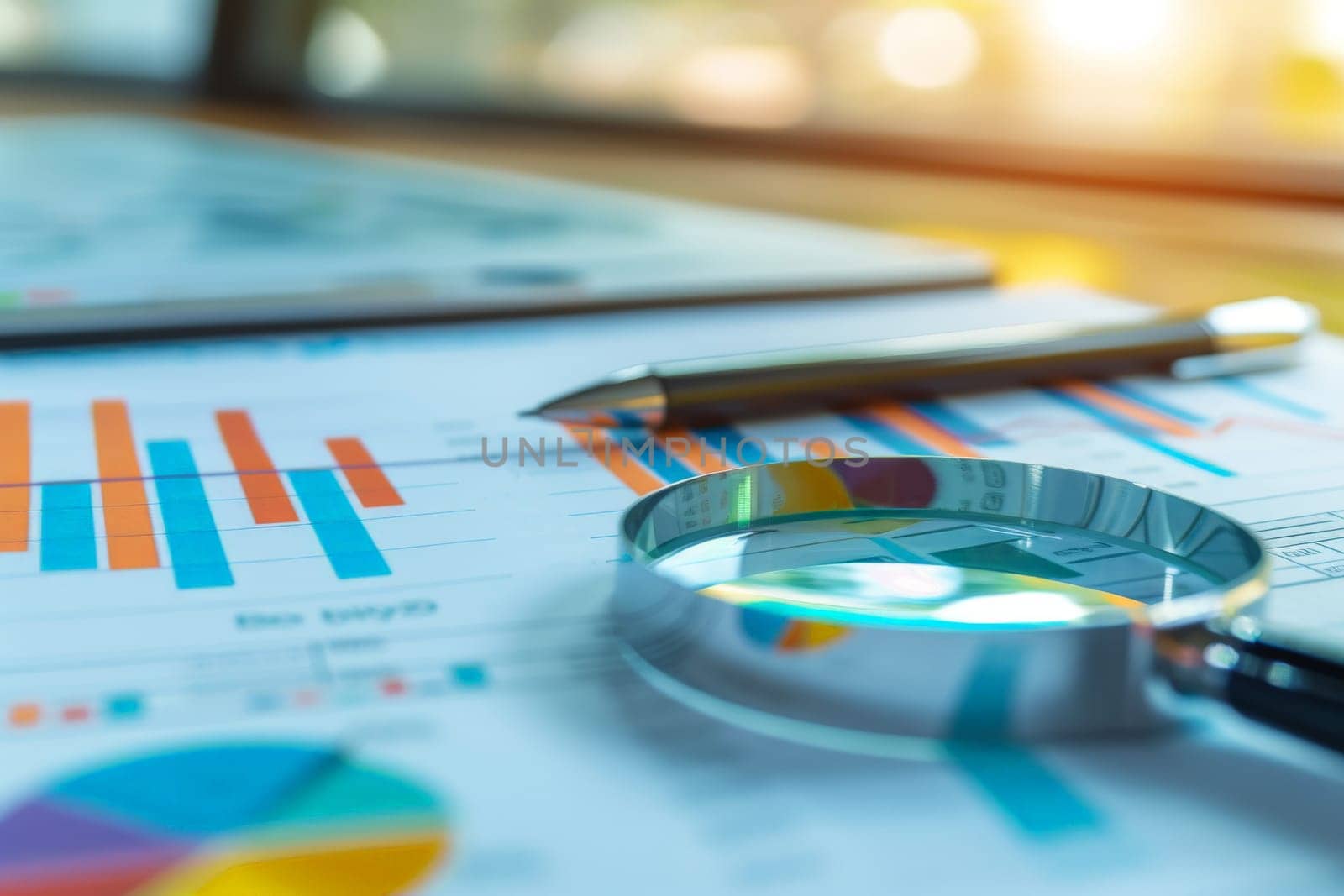 magnifying glass on financial chart. generated AI.