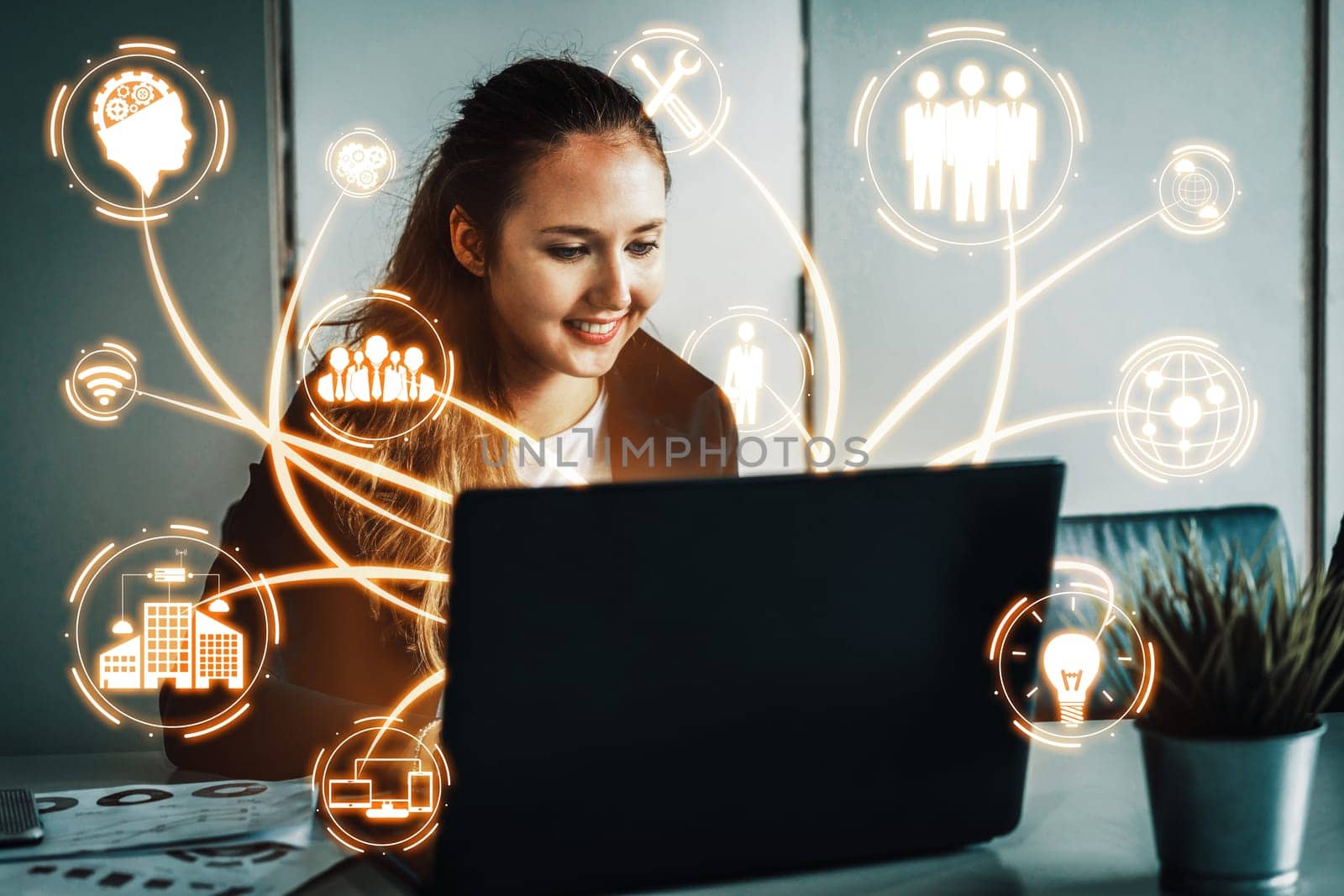 Internet of Things and Communication Technology Concept - Modern graphic interface showing smart information and digital lifestyle in application software for home and business use. uds