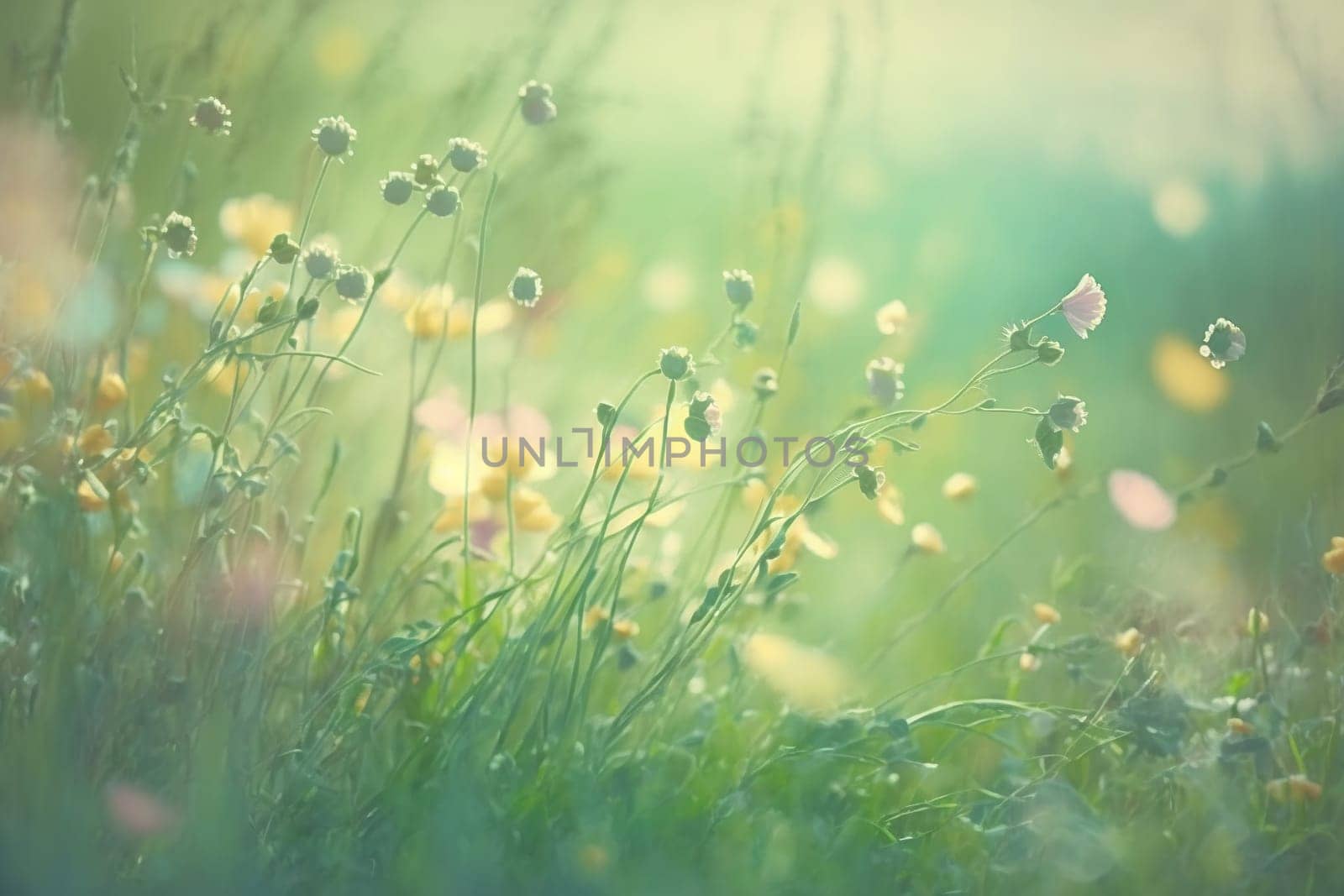 Soft focus shot of a lush meadow sprinkled with delicate wildflowers - Generative AI