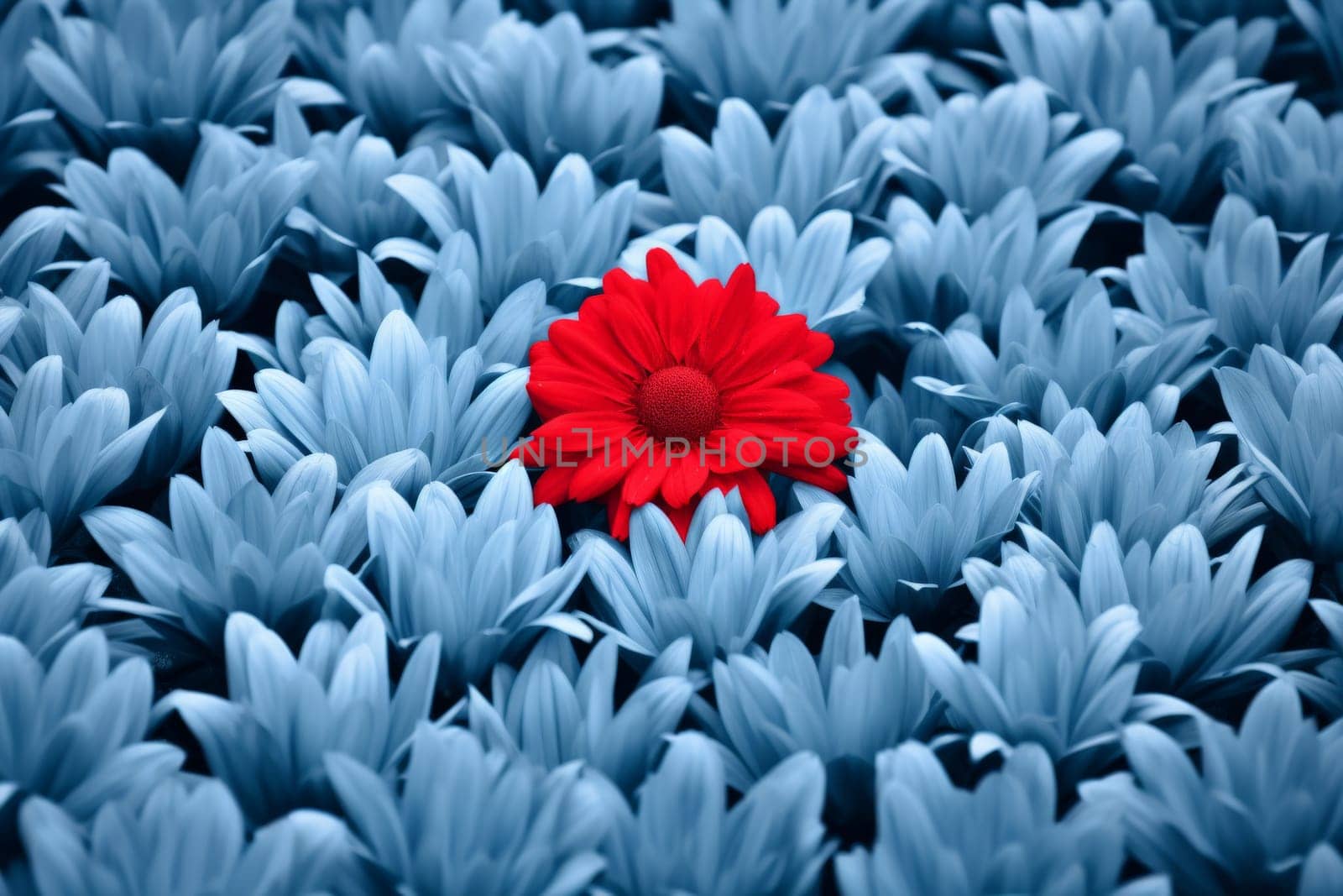 One red flower among crowd grey flowers . Concept of diversity and individuality. Generative ai by matamnad