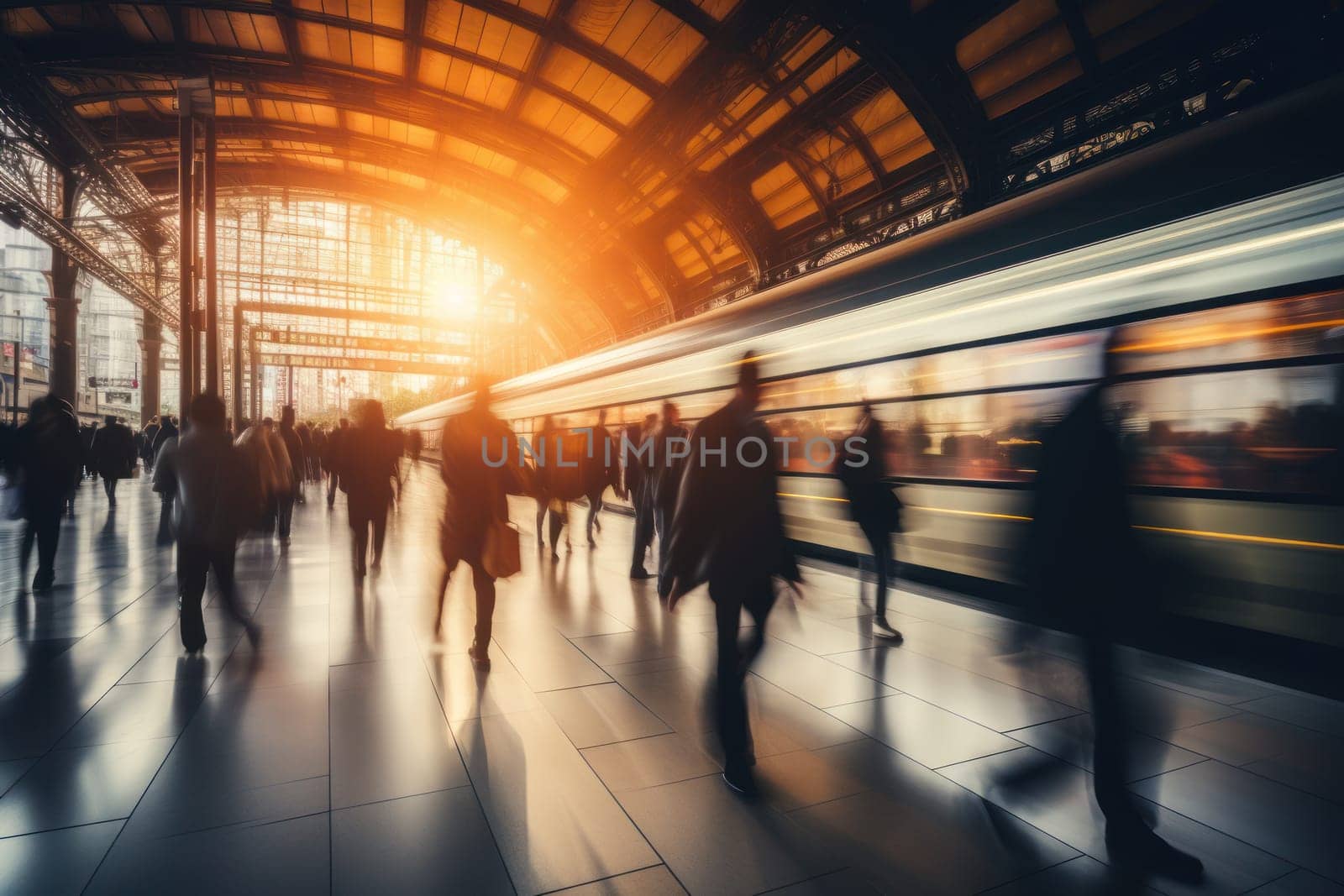 people walking to office environment. Moving crowd motion blurred background. Hand edited generative AI..