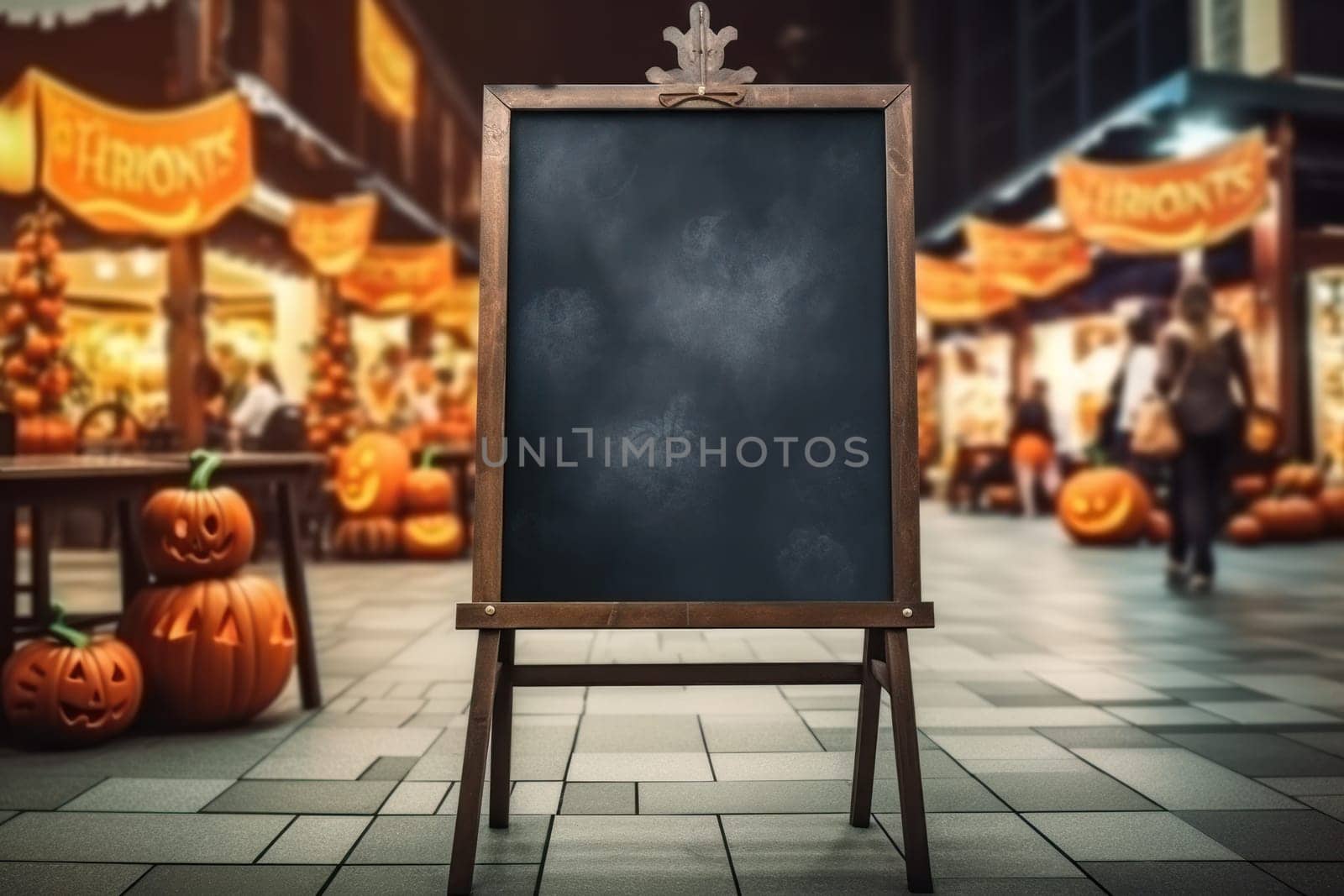 Empty blackboard sign mockup in front of a restaurant , Menu board . Generative Ai by matamnad