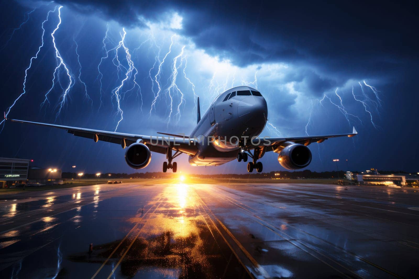 Passenger plane flies in a thunderstorm. Generate Ai. by matamnad